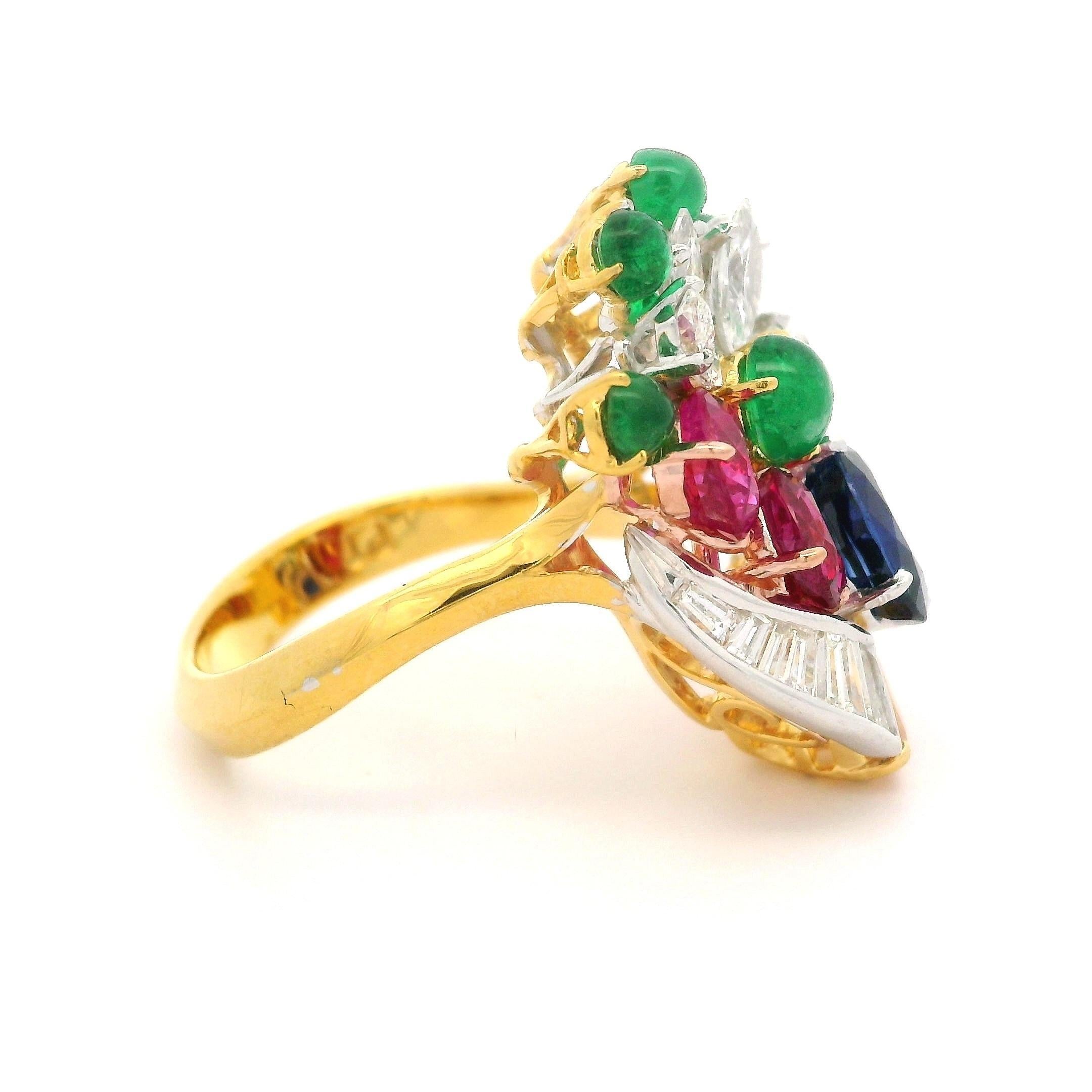 Platinum & Gold GIA 6.36ctw Sapphire Emerald Diamond Spray Platter Cocktail Ring For Sale 6