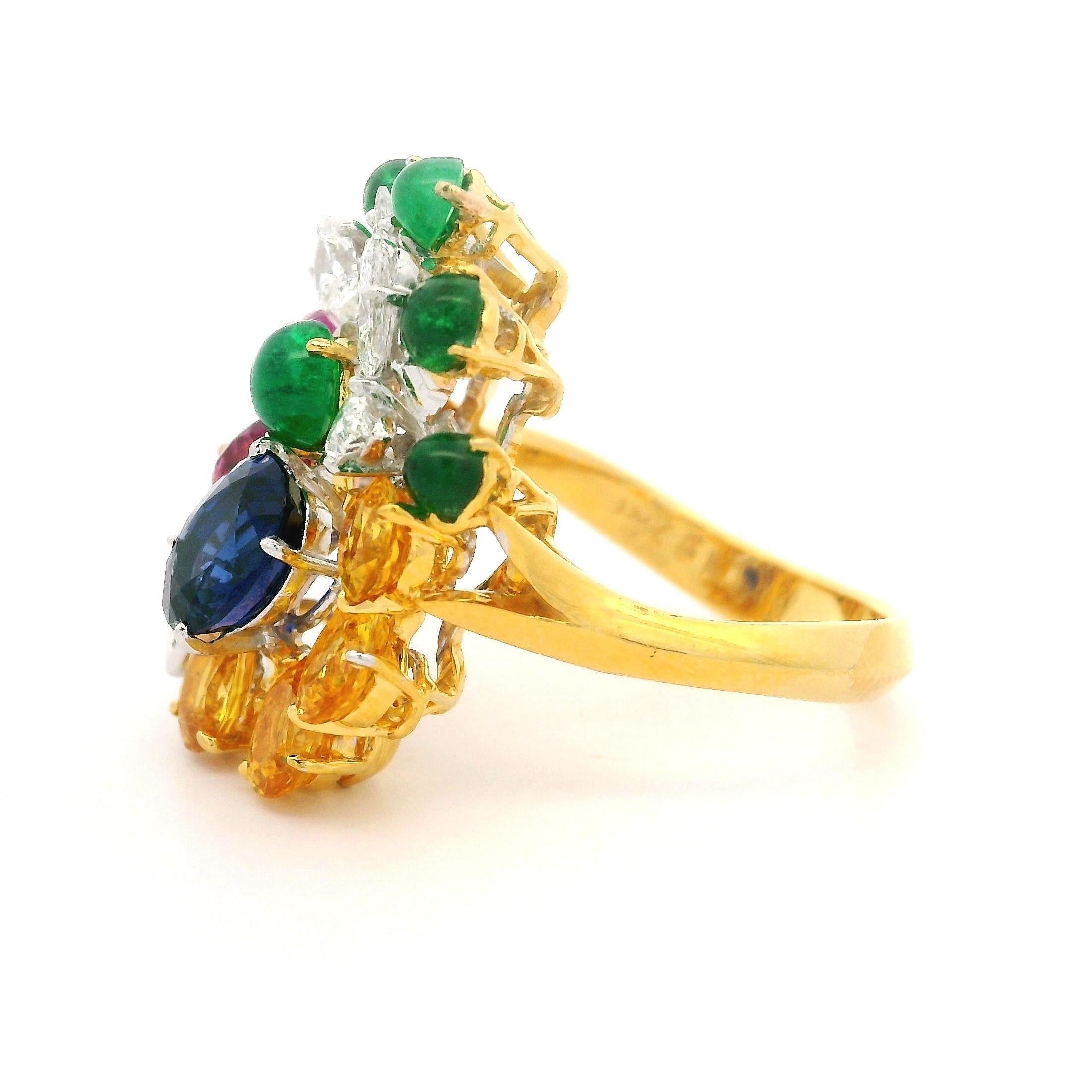 Platinum & Gold GIA 6.36ctw Sapphire Emerald Diamond Spray Platter Cocktail Ring For Sale 7