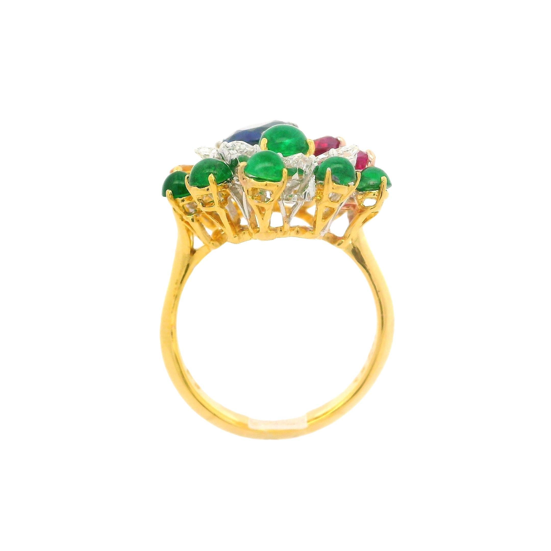 Oval Cut Platinum & Gold GIA 6.36ctw Sapphire Emerald Diamond Spray Platter Cocktail Ring For Sale