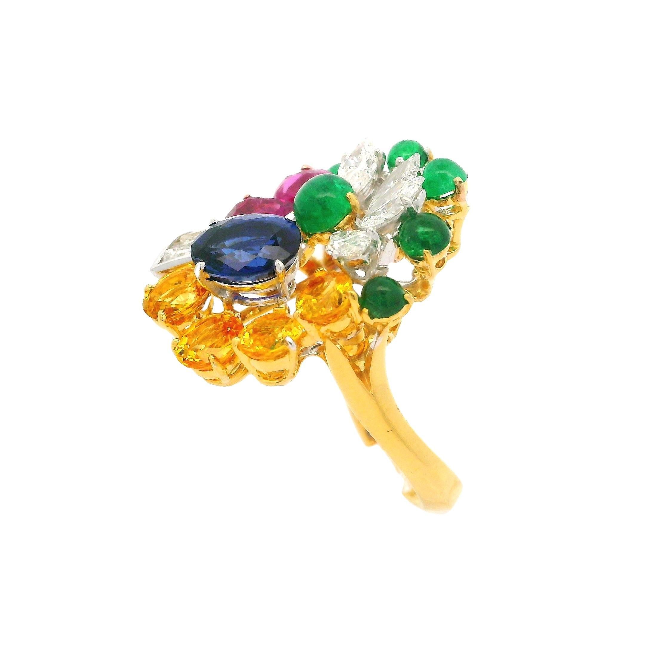 Platinum & Gold GIA 6.36ctw Sapphire Emerald Diamond Spray Platter Cocktail Ring In Excellent Condition For Sale In Montclair, NJ