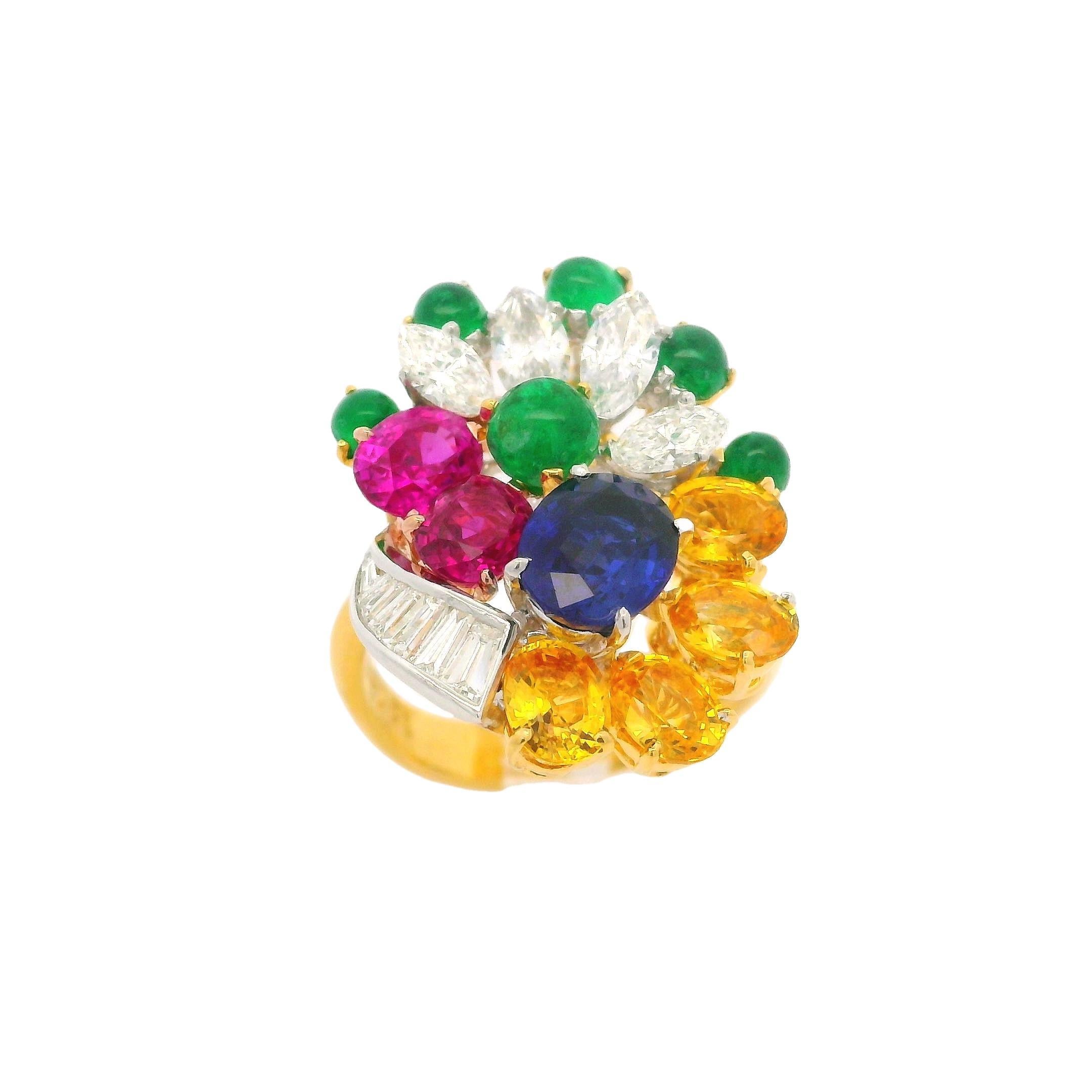 Platinum & Gold GIA 6.36ctw Sapphire Emerald Diamond Spray Platter Cocktail Ring For Sale 1