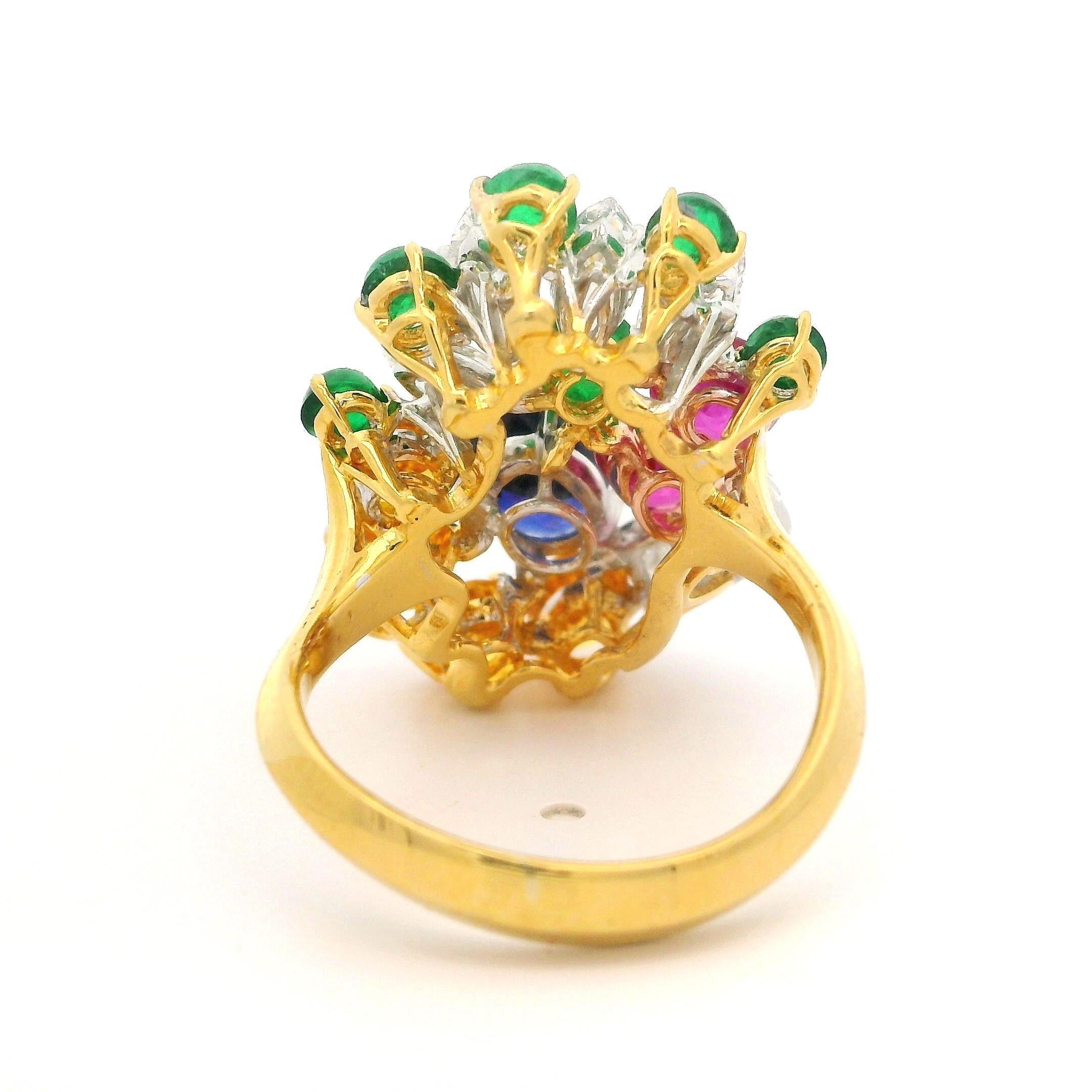 Platinum & Gold GIA 6.36ctw Sapphire Emerald Diamond Spray Platter Cocktail Ring For Sale 2