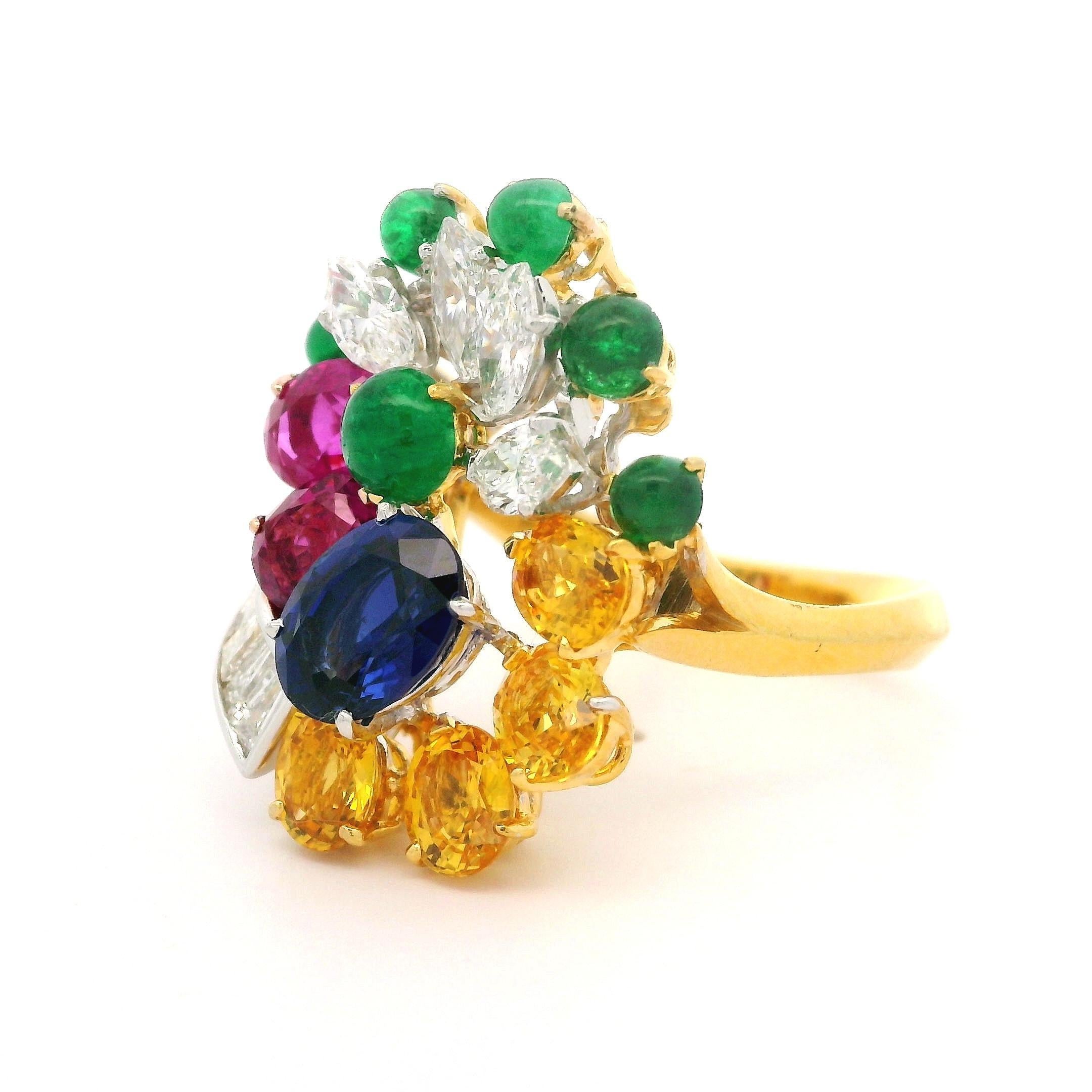 Platinum & Gold GIA 6.36ctw Sapphire Emerald Diamond Spray Platter Cocktail Ring For Sale 3
