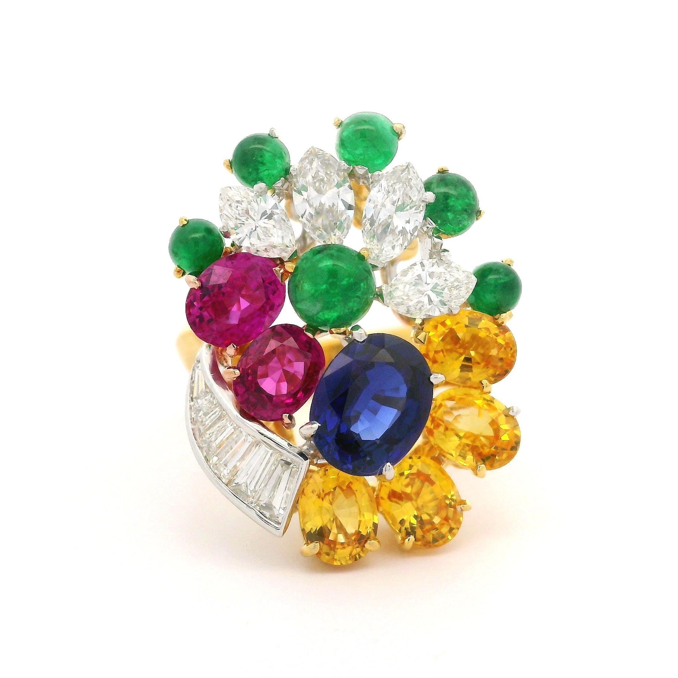 Platinum & Gold GIA 6.36ctw Sapphire Emerald Diamond Spray Platter Cocktail Ring For Sale 4