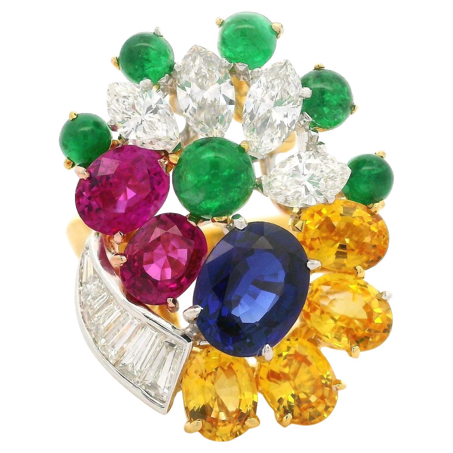 Platinum & Gold GIA 6.36ctw Sapphire Emerald Diamond Spray Platter Cocktail Ring