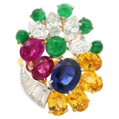 Platinum & Gold GIA 6.36ctw Sapphire Emerald Diamond Spray Platter Cocktail Ring