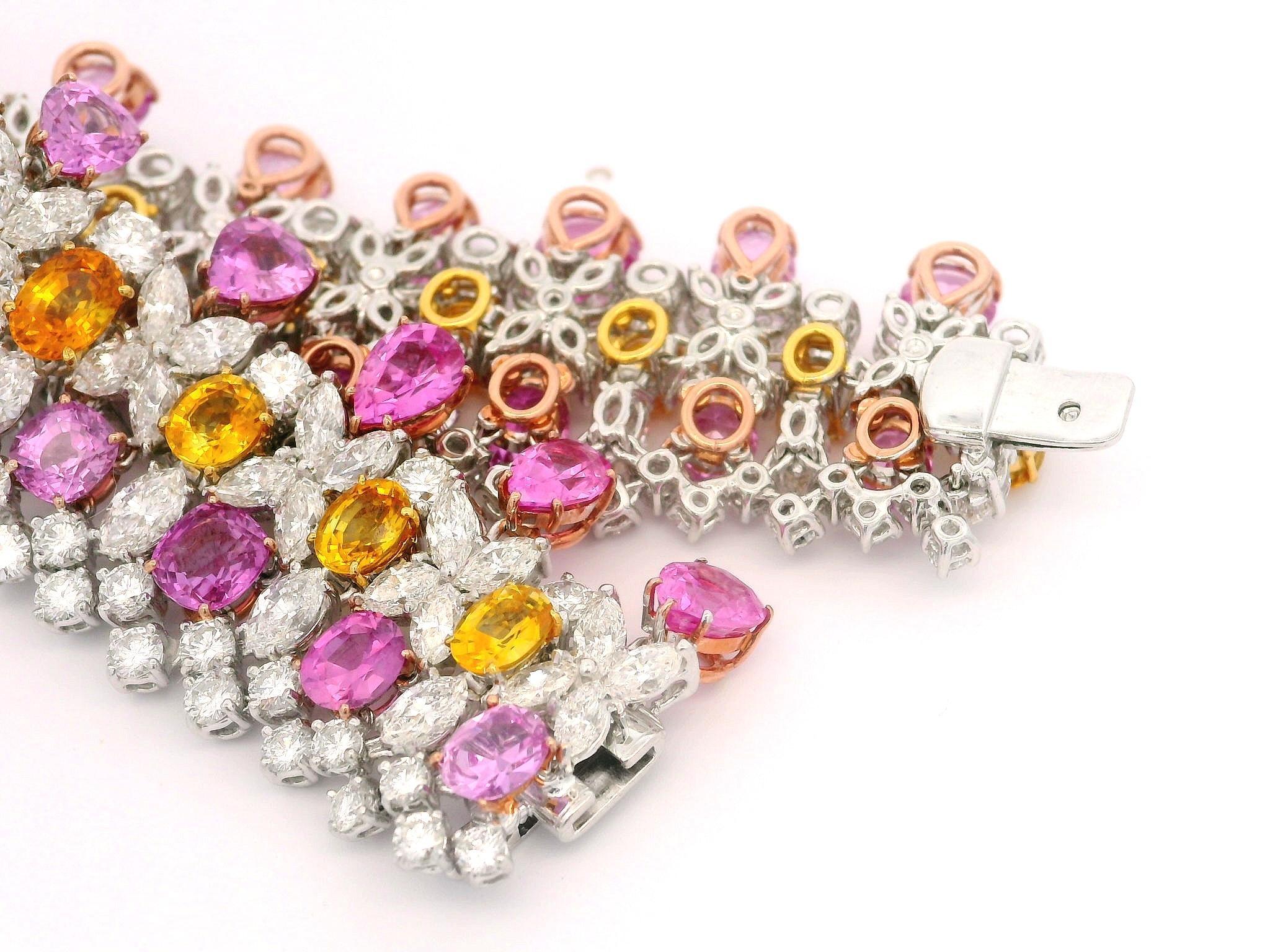 Platinum Gold GIA 64.12ctw Pink Orange Sapphire & Diamond Statement Bracelet For Sale 5