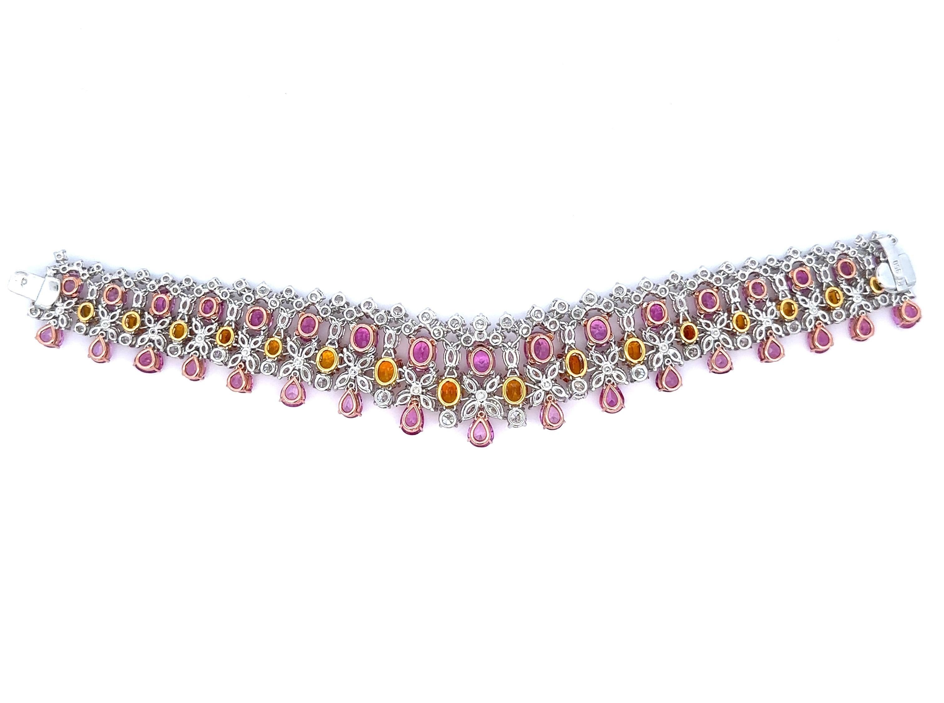 Platinum Gold GIA 64.12ctw Pink Orange Sapphire & Diamond Statement Bracelet For Sale 6