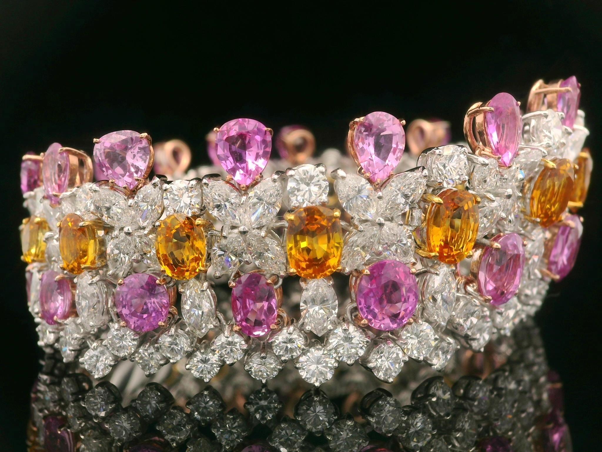 Platinum Gold GIA 64.12ctw Pink Orange Sapphire & Diamond Statement Bracelet For Sale 8