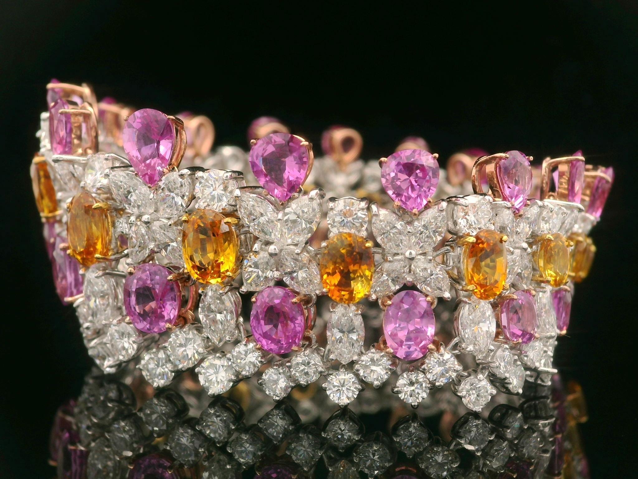 Platinum Gold GIA 64.12ctw Pink Orange Sapphire & Diamond Statement Bracelet For Sale 9