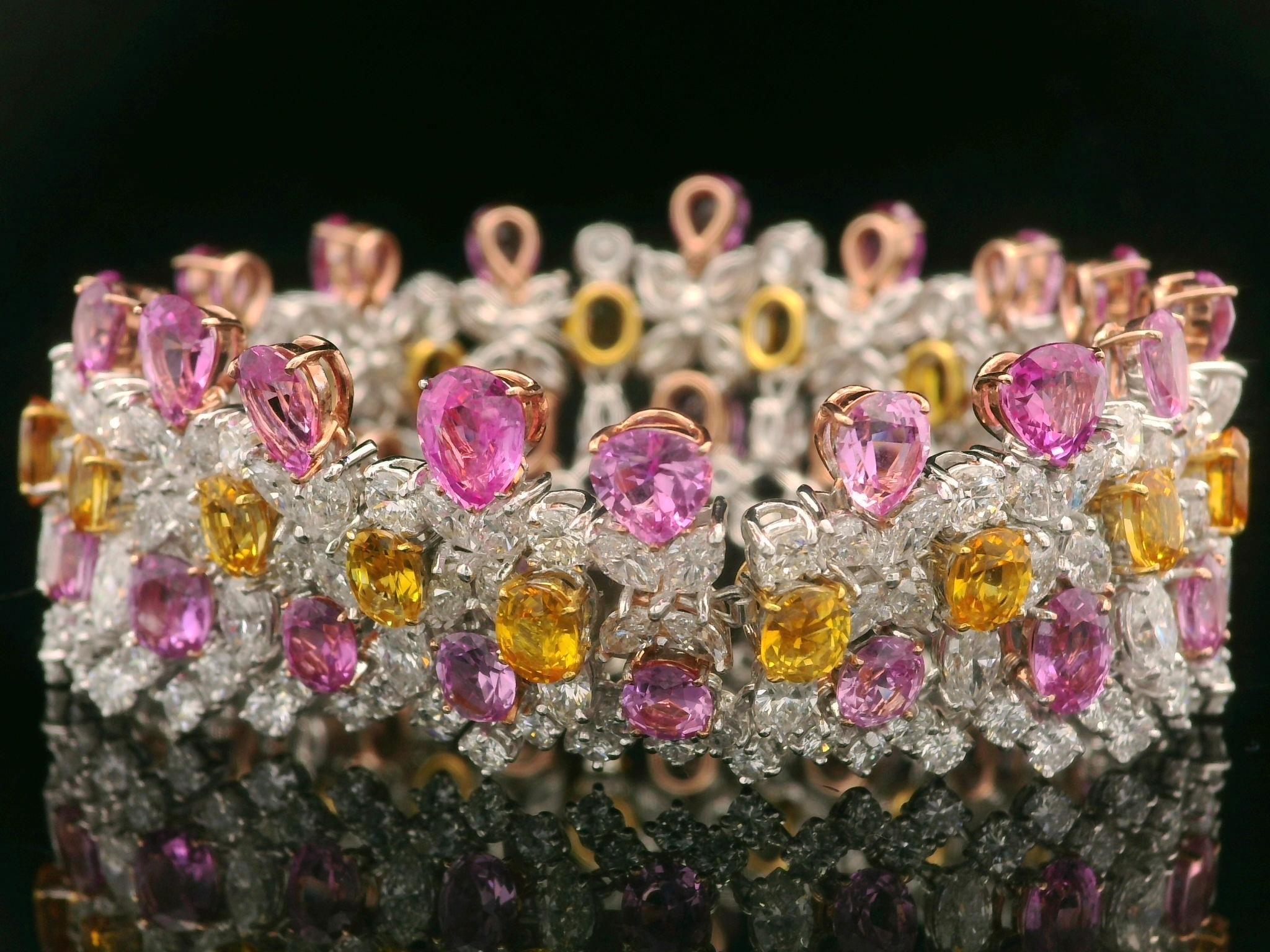 Platinum Gold GIA 64.12ctw Pink Orange Sapphire & Diamond Statement Bracelet For Sale 10