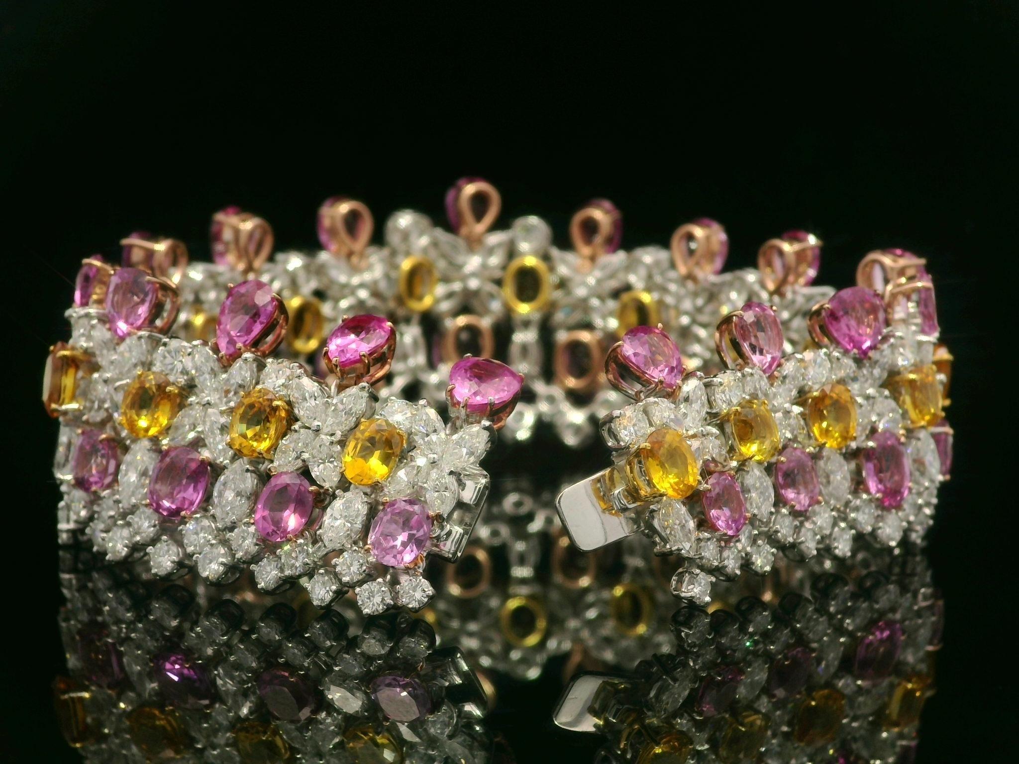 Platinum Gold GIA 64.12ctw Pink Orange Sapphire & Diamond Statement Bracelet For Sale 11