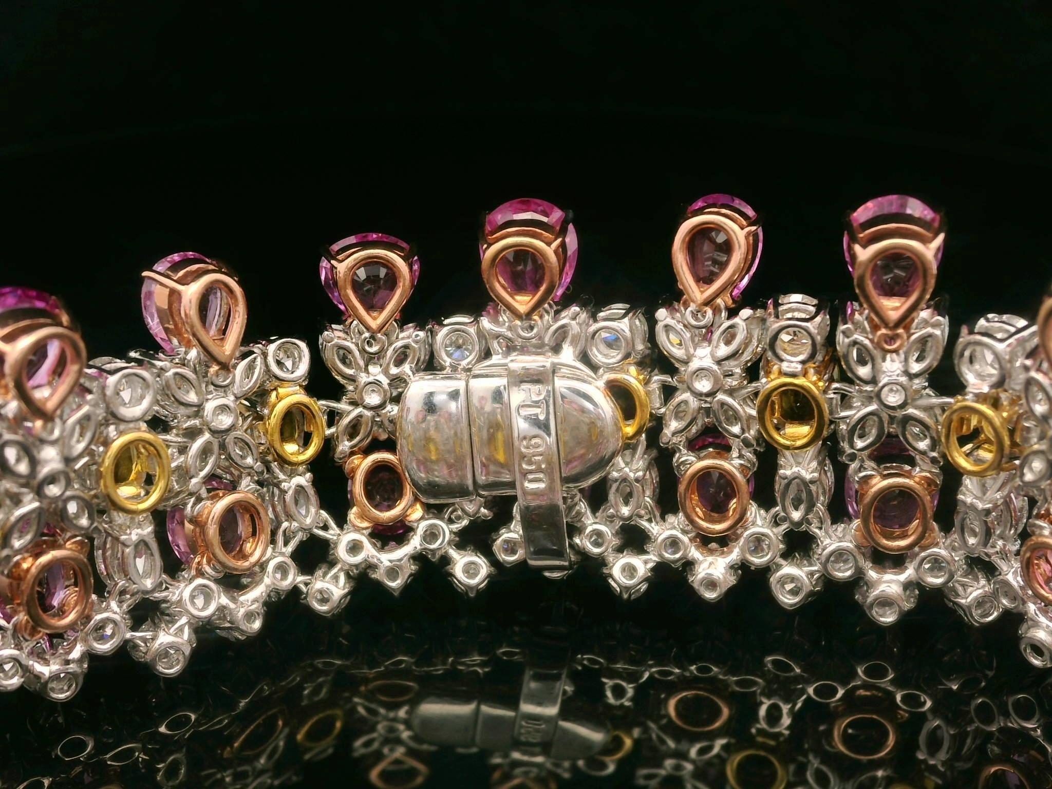 Platinum Gold GIA 64.12ctw Pink Orange Sapphire & Diamond Statement Bracelet For Sale 12