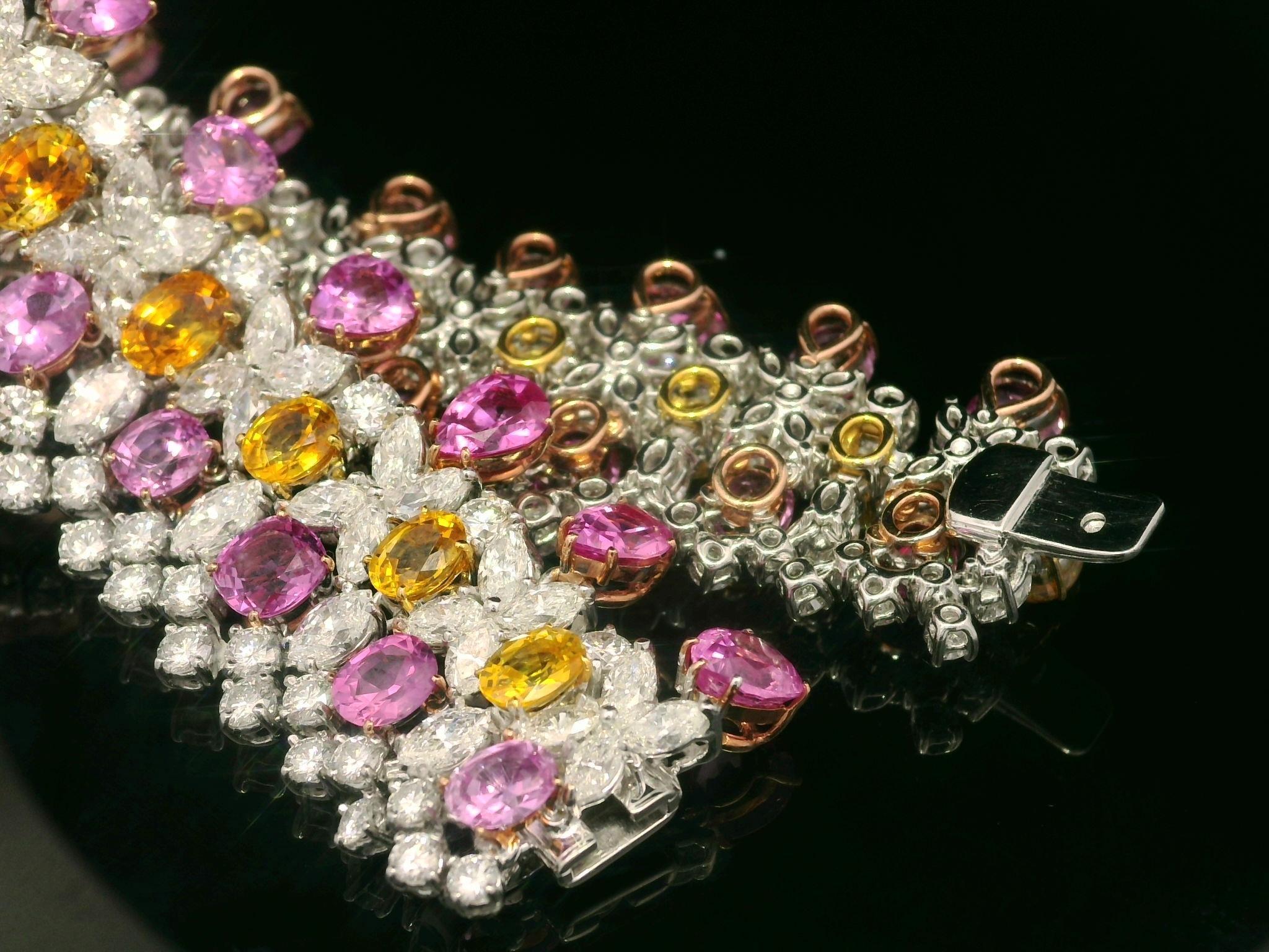 Platinum Gold GIA 64.12ctw Pink Orange Sapphire & Diamond Statement Bracelet For Sale 13
