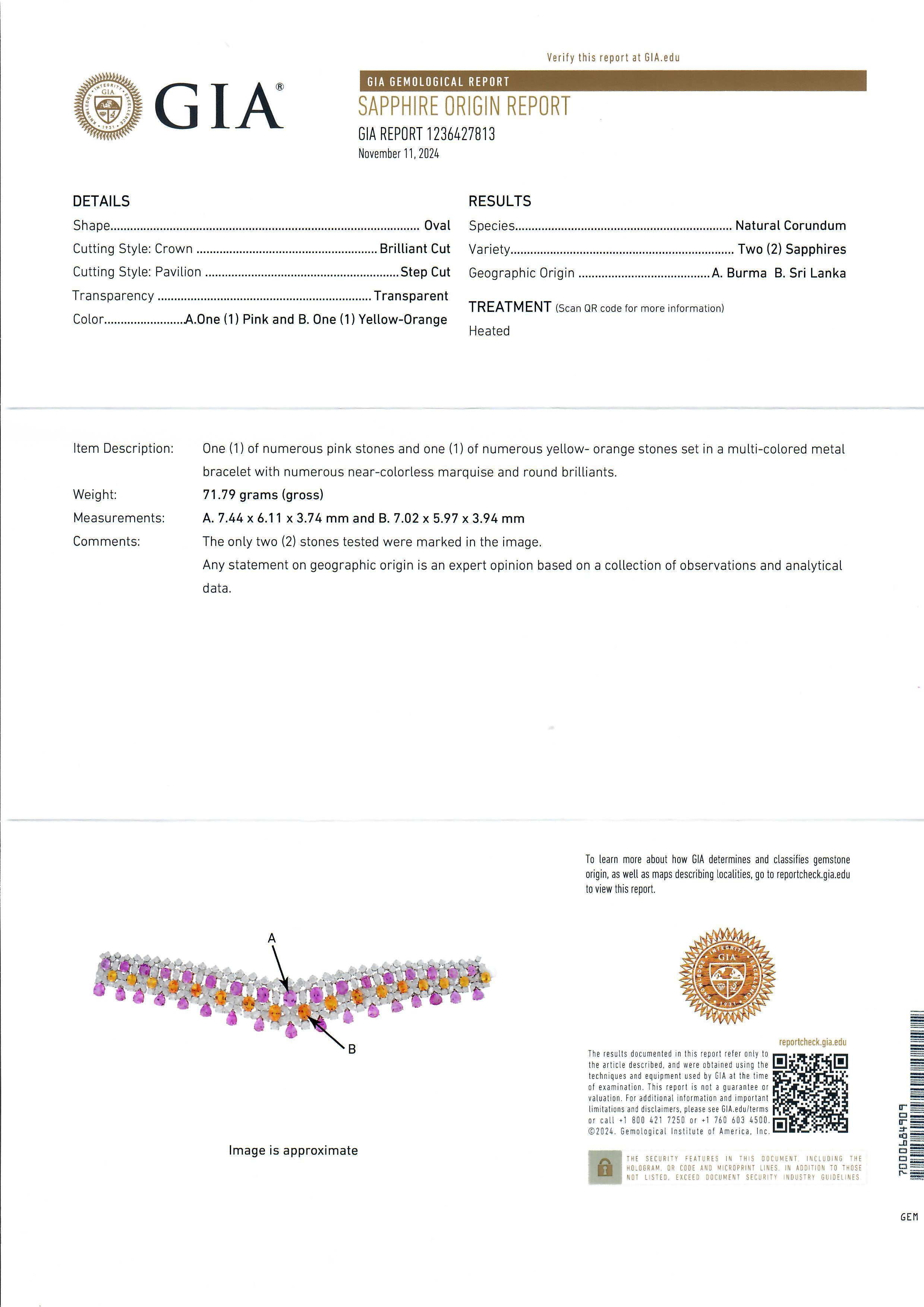 Platinum Gold GIA 64.12ctw Pink Orange Sapphire & Diamond Statement Bracelet For Sale 14