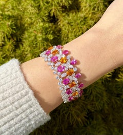 Platinum Gold GIA 64.12ctw Pink Orange Sapphire & Diamond Statement Bracelet