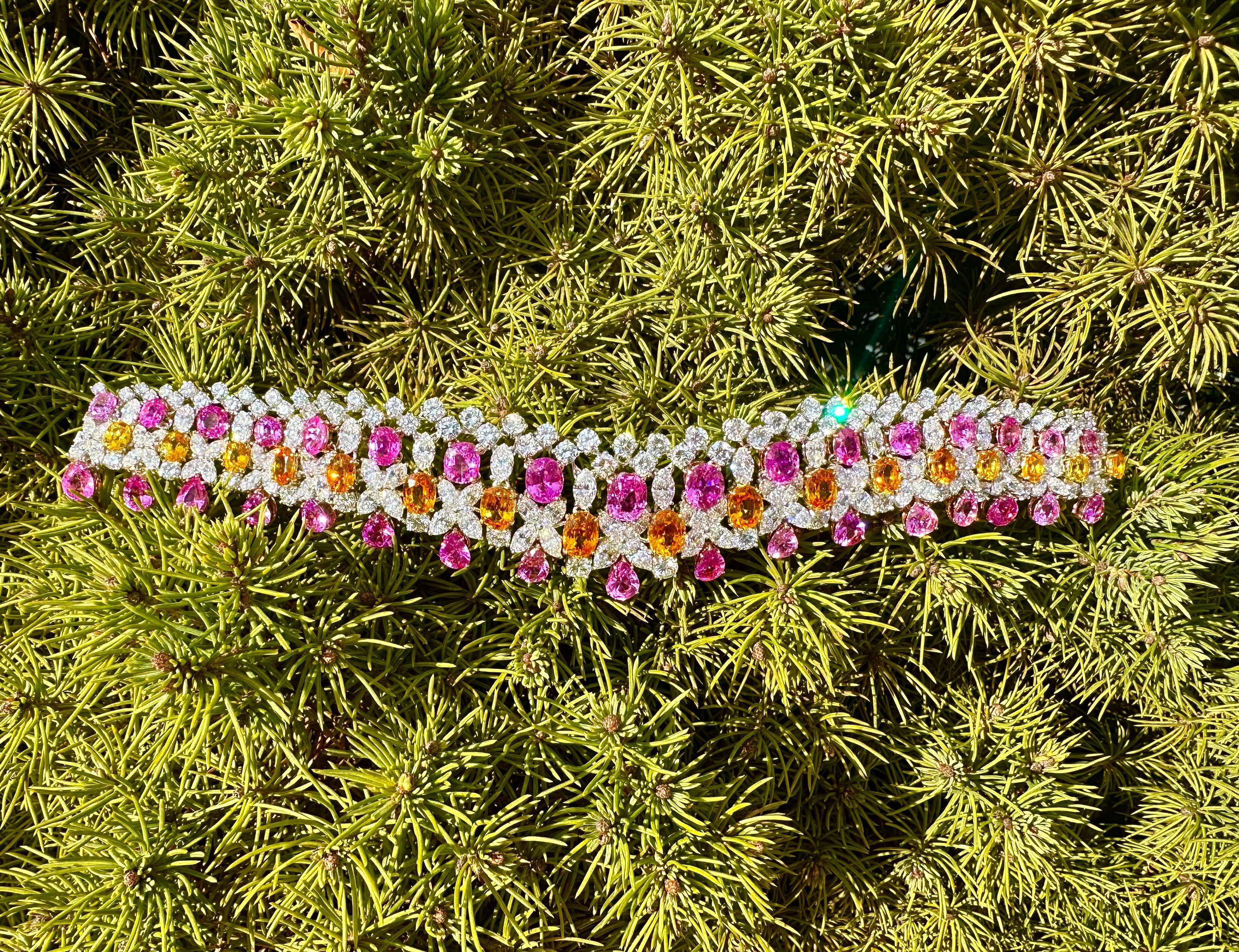 Oval Cut Platinum Gold GIA 64.12ctw Pink Orange Sapphire & Diamond Statement Bracelet For Sale
