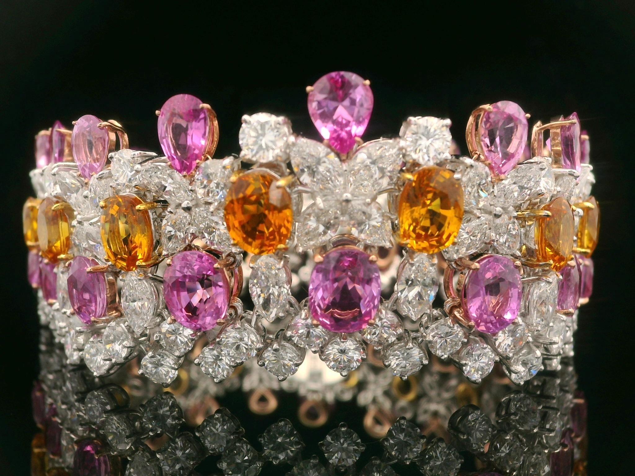 Platinum Gold GIA 64.12ctw Pink Orange Sapphire & Diamond Statement Bracelet In Excellent Condition For Sale In Montclair, NJ