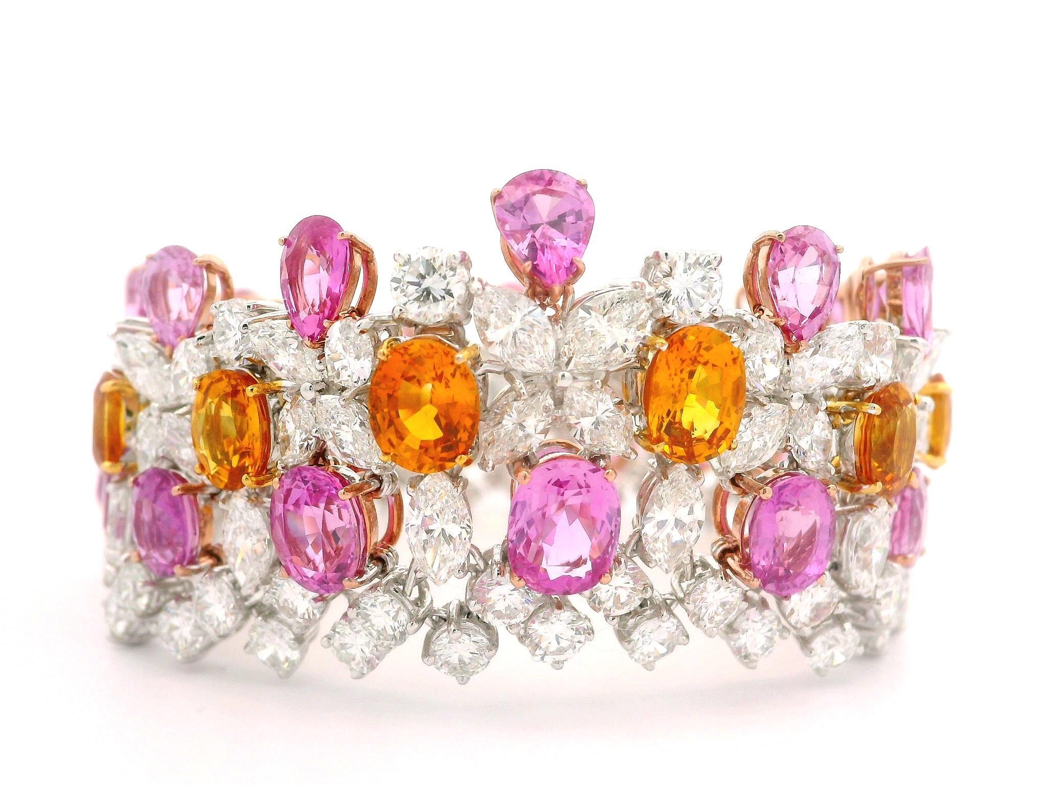 Women's Platinum Gold GIA 64.12ctw Pink Orange Sapphire & Diamond Statement Bracelet For Sale