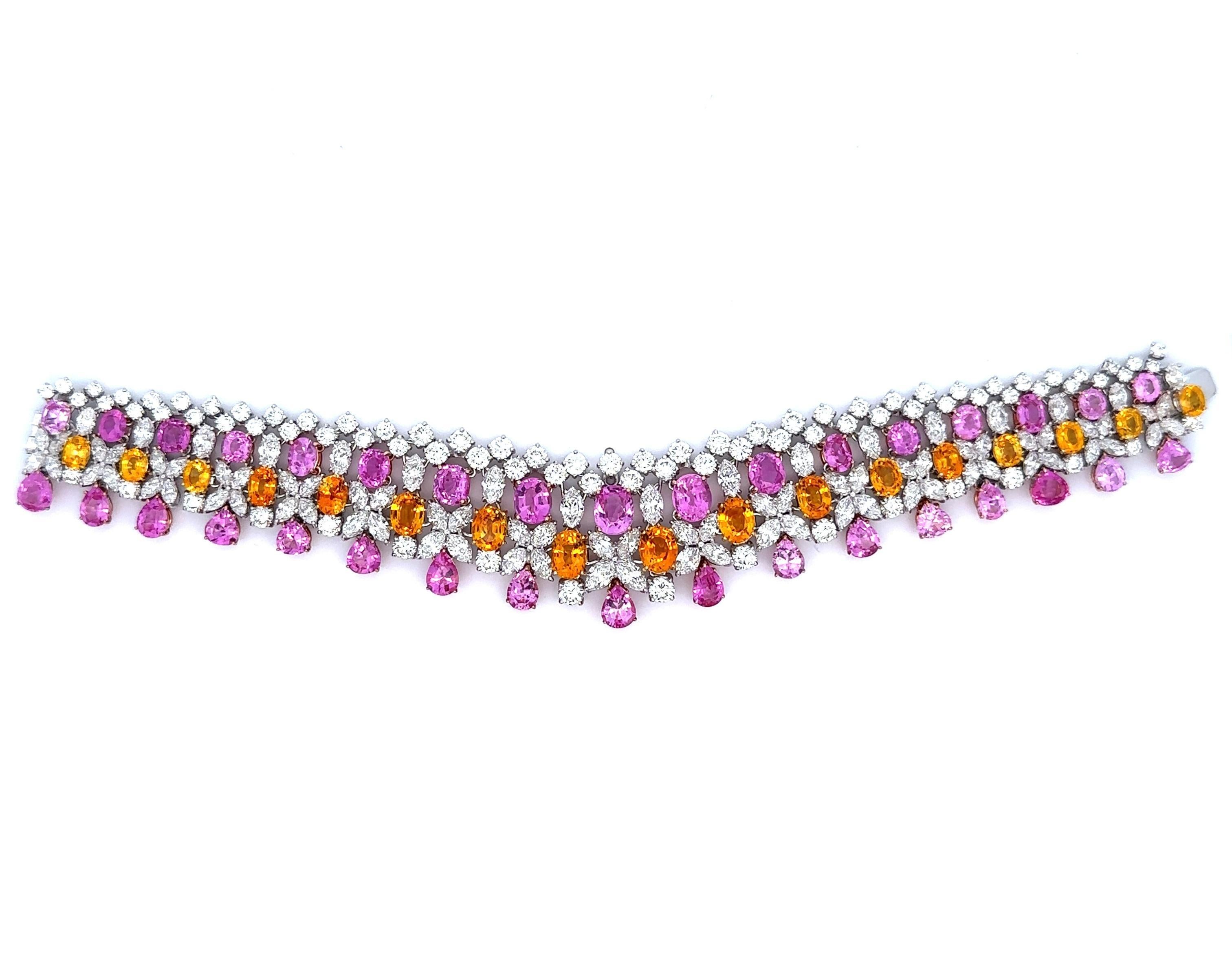 Platinum Gold GIA 64.12ctw Pink Orange Sapphire & Diamond Statement Bracelet For Sale 1