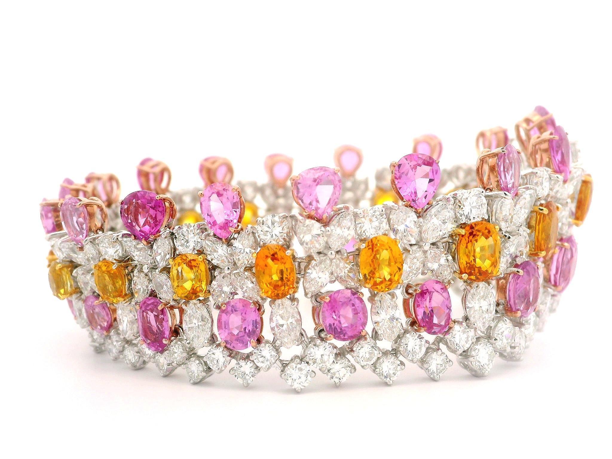Platinum Gold GIA 64.12ctw Pink Orange Sapphire & Diamond Statement Bracelet For Sale 2