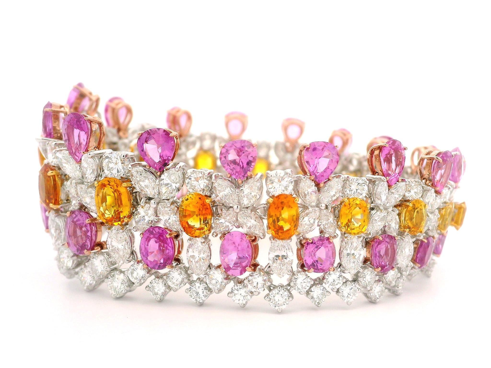 Platinum Gold GIA 64.12ctw Pink Orange Sapphire & Diamond Statement Bracelet For Sale 3