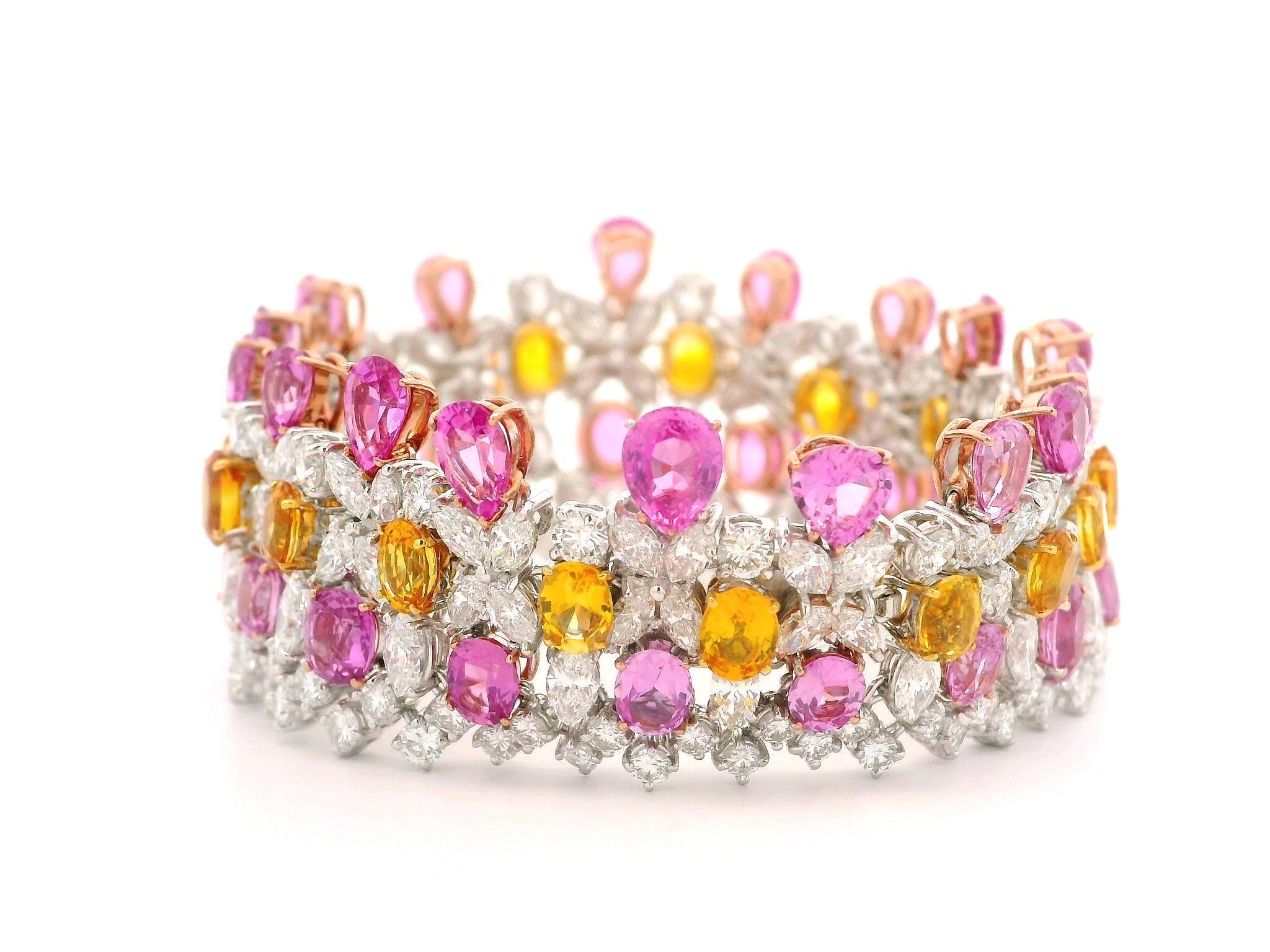 Platinum Gold GIA 64.12ctw Pink Orange Sapphire & Diamond Statement Bracelet For Sale 4