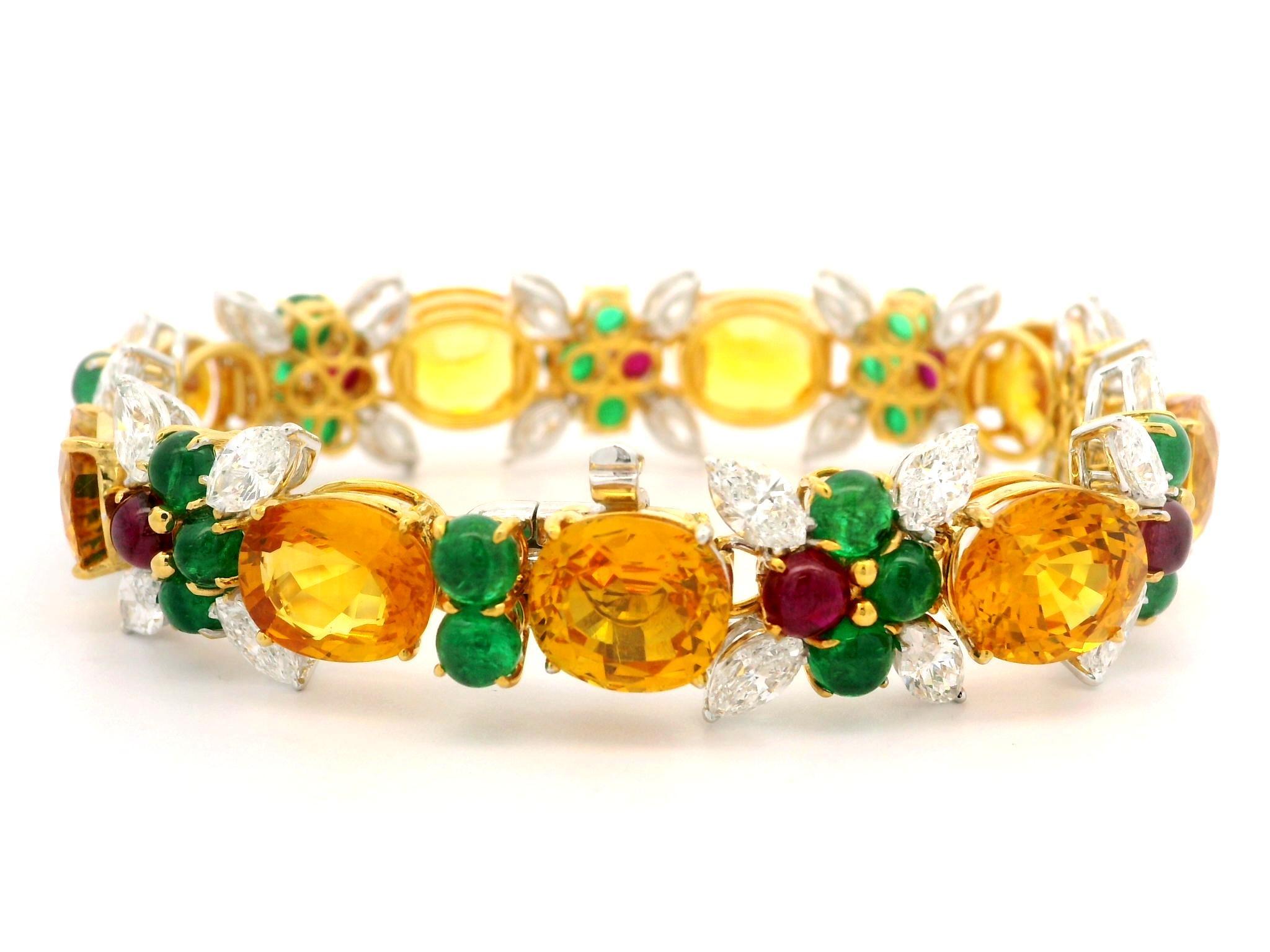 Bracelet fantaisie en platine et or avec 64,4 carats de saphirs, émeraudes, rubis et diamants certifiés GIA en vente 5