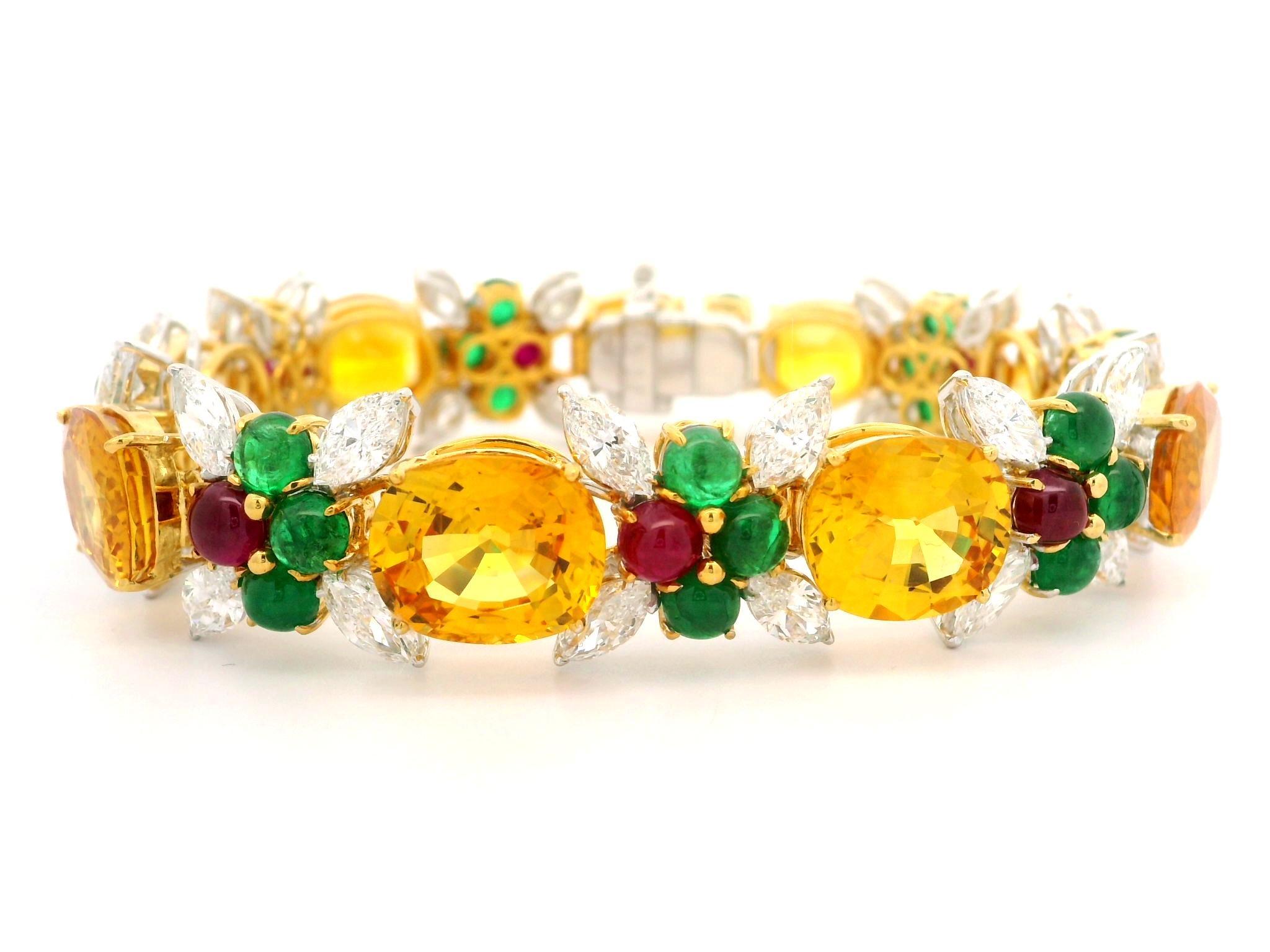 Bracelet fantaisie en platine et or avec 64,4 carats de saphirs, émeraudes, rubis et diamants certifiés GIA en vente 6