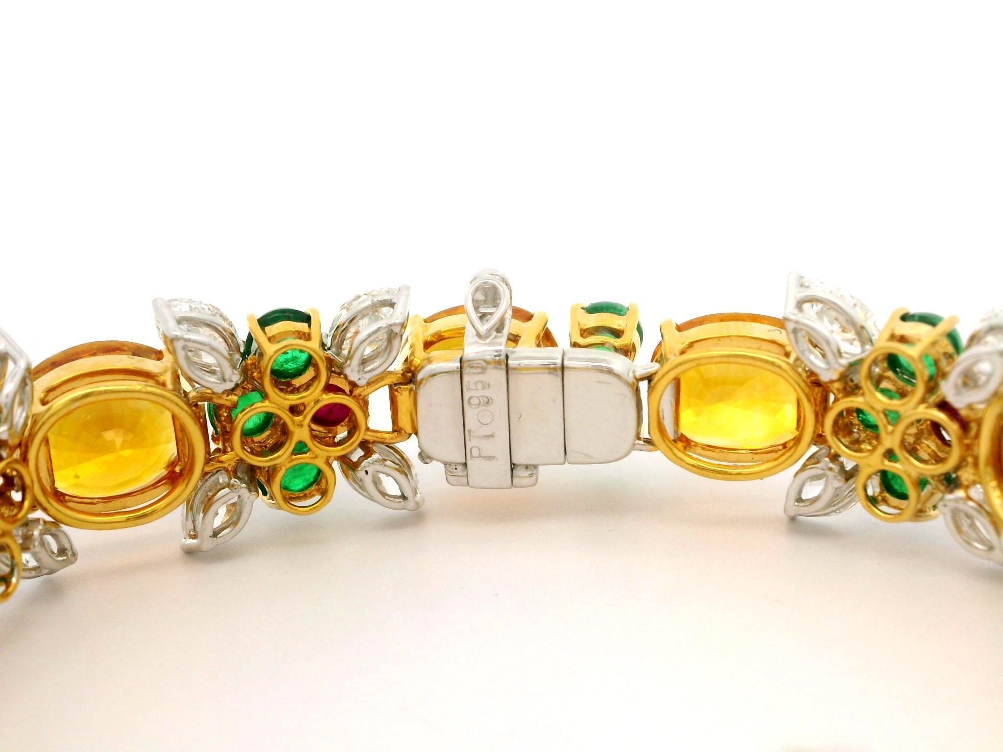 Bracelet fantaisie en platine et or avec 64,4 carats de saphirs, émeraudes, rubis et diamants certifiés GIA en vente 7
