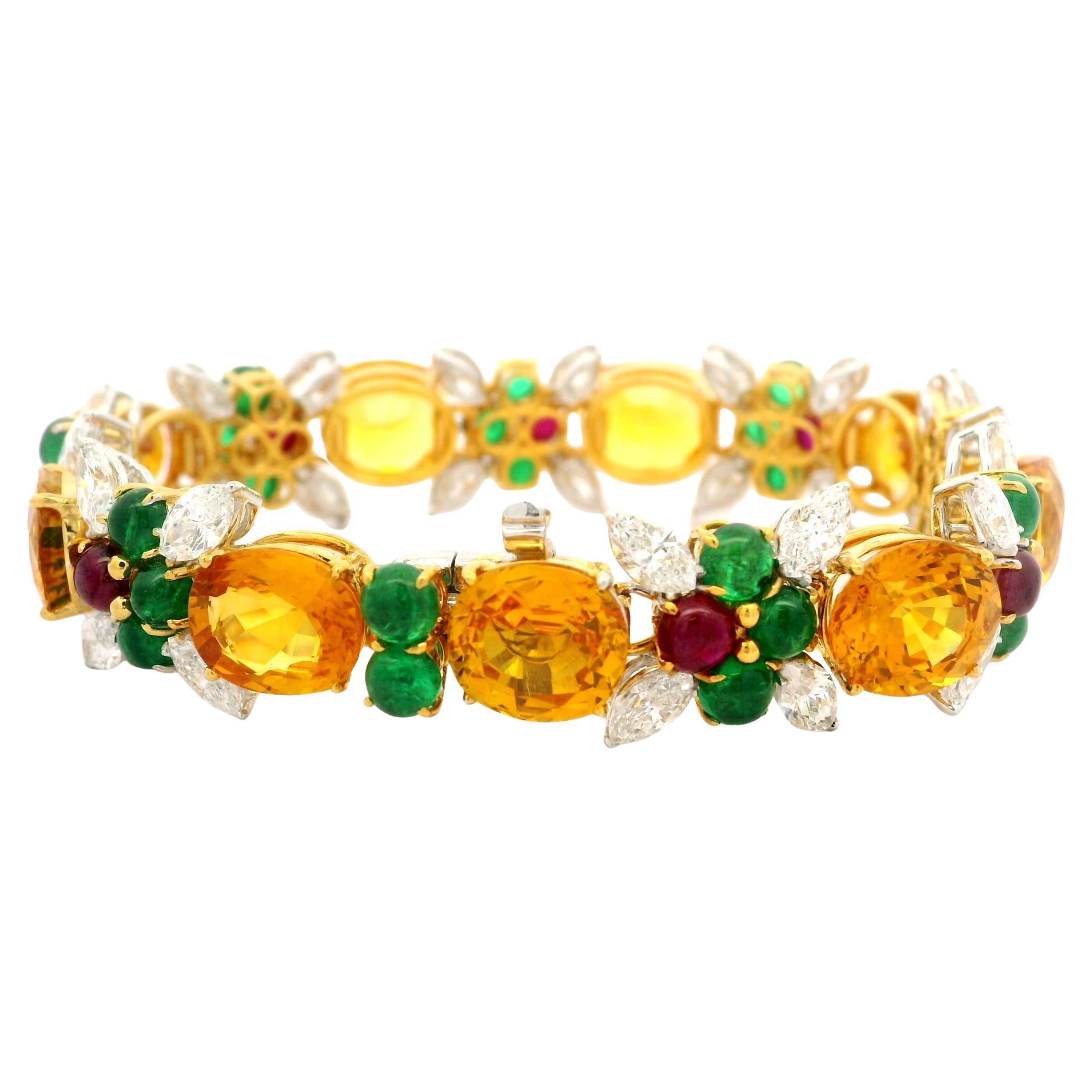 Platinum & Gold GIA 64.4ctw Sapphire Emerald Ruby and Diamond Statement Bracelet