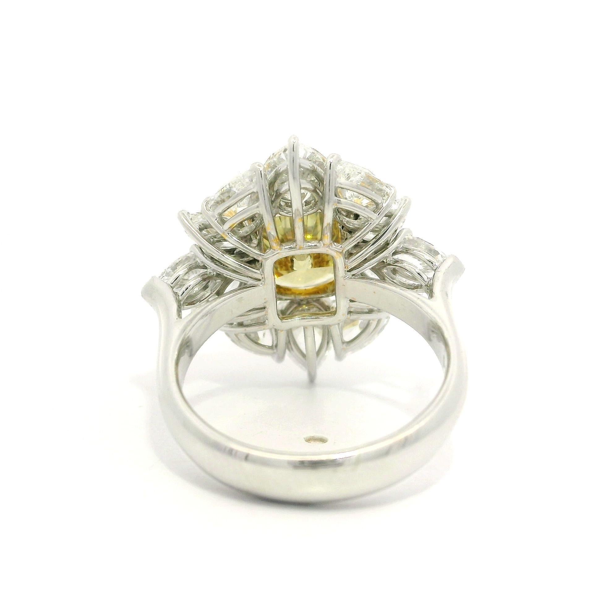 Platinum & Gold GIA 7.24ctw Brownish Green Yellow Diamond Cluster Statement Ring For Sale 5
