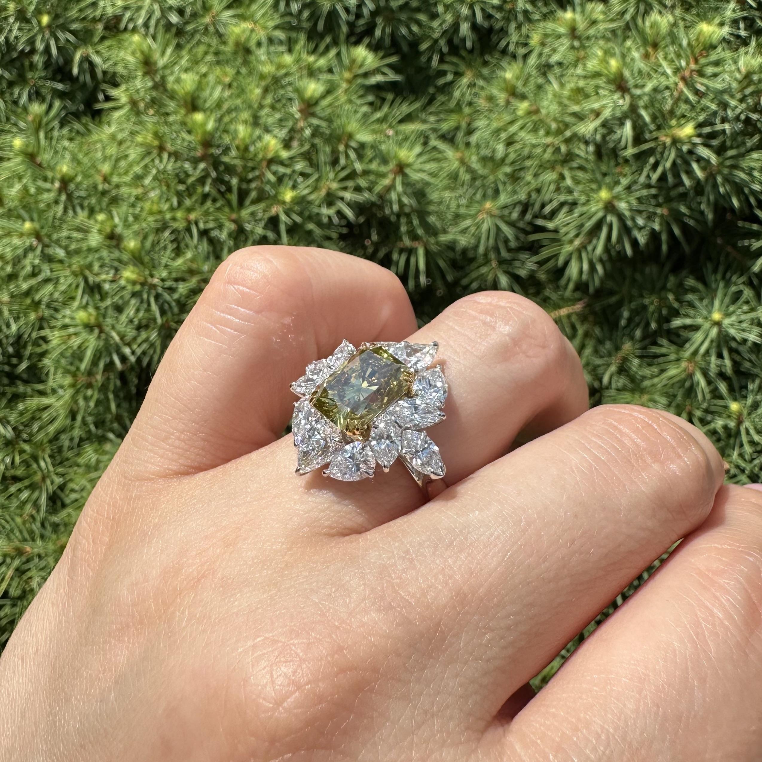 --Stone(s):--
(1) Natural Genuine Diamond - Cut-Cornered Rectangular Modified Brilliant Cut - Prong Set - Brownish Green Yellow Color - Natural Diamond - Treated Color - Fiery Brilliant - VS2 Clarity - 3.37ct (exact )
** See Certification Details