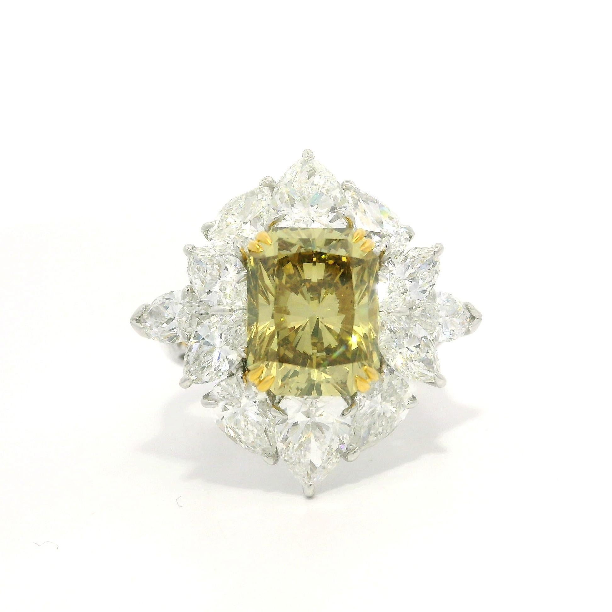 Women's Platinum & Gold GIA 7.24ctw Brownish Green Yellow Diamond Cluster Statement Ring For Sale