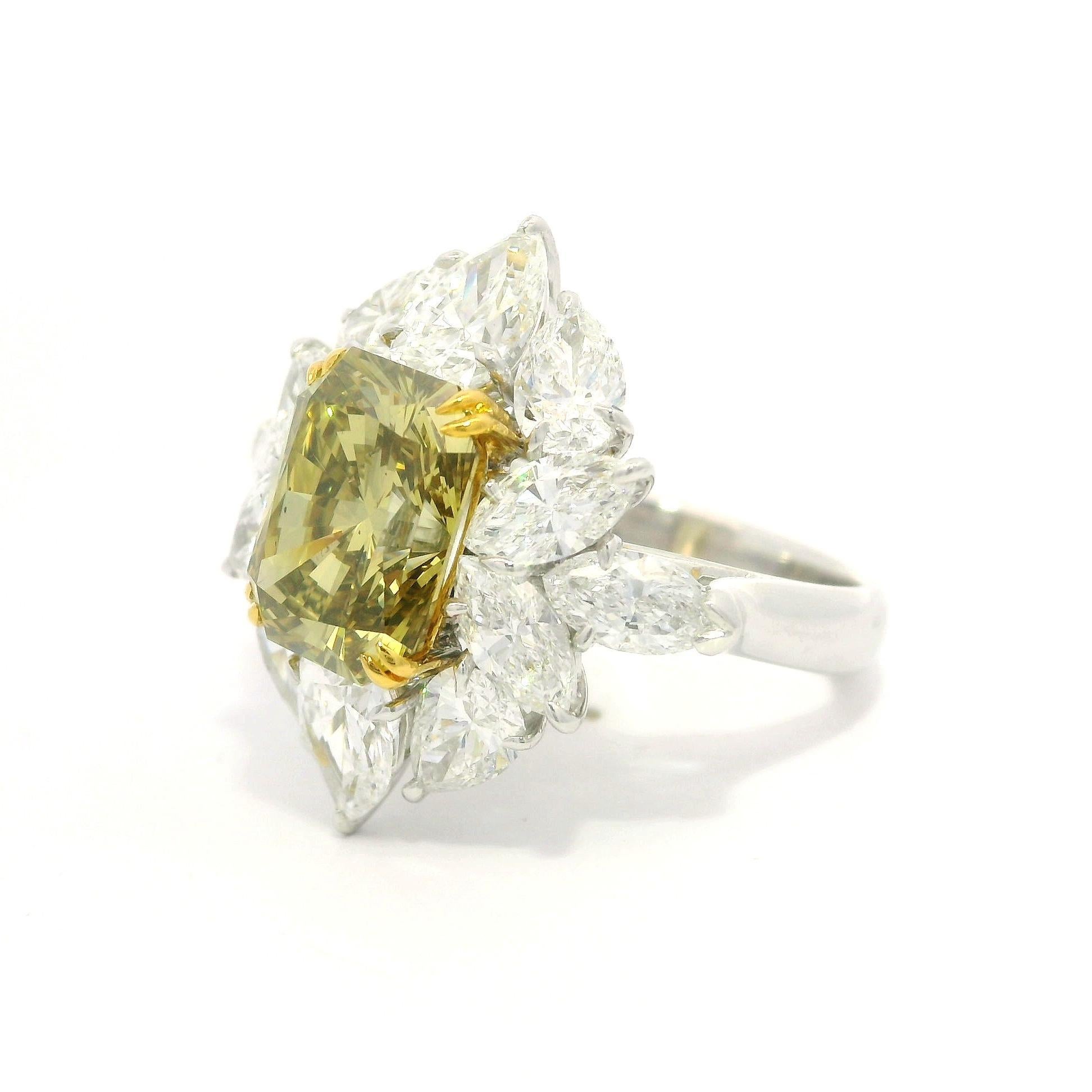Platinum & Gold GIA 7.24ctw Brownish Green Yellow Diamond Cluster Statement Ring For Sale 1
