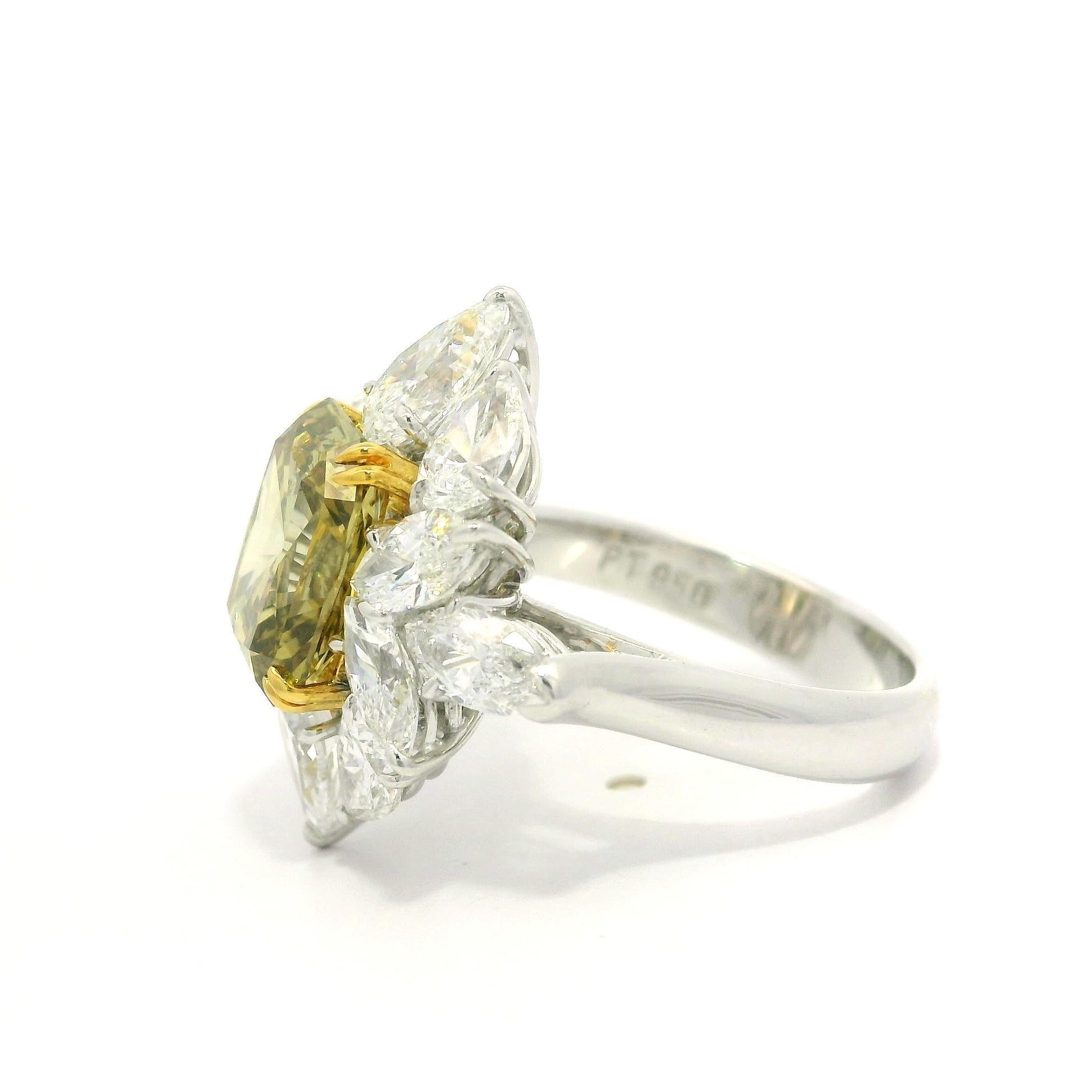 Platinum & Gold GIA 7.24ctw Brownish Green Yellow Diamond Cluster Statement Ring For Sale 2