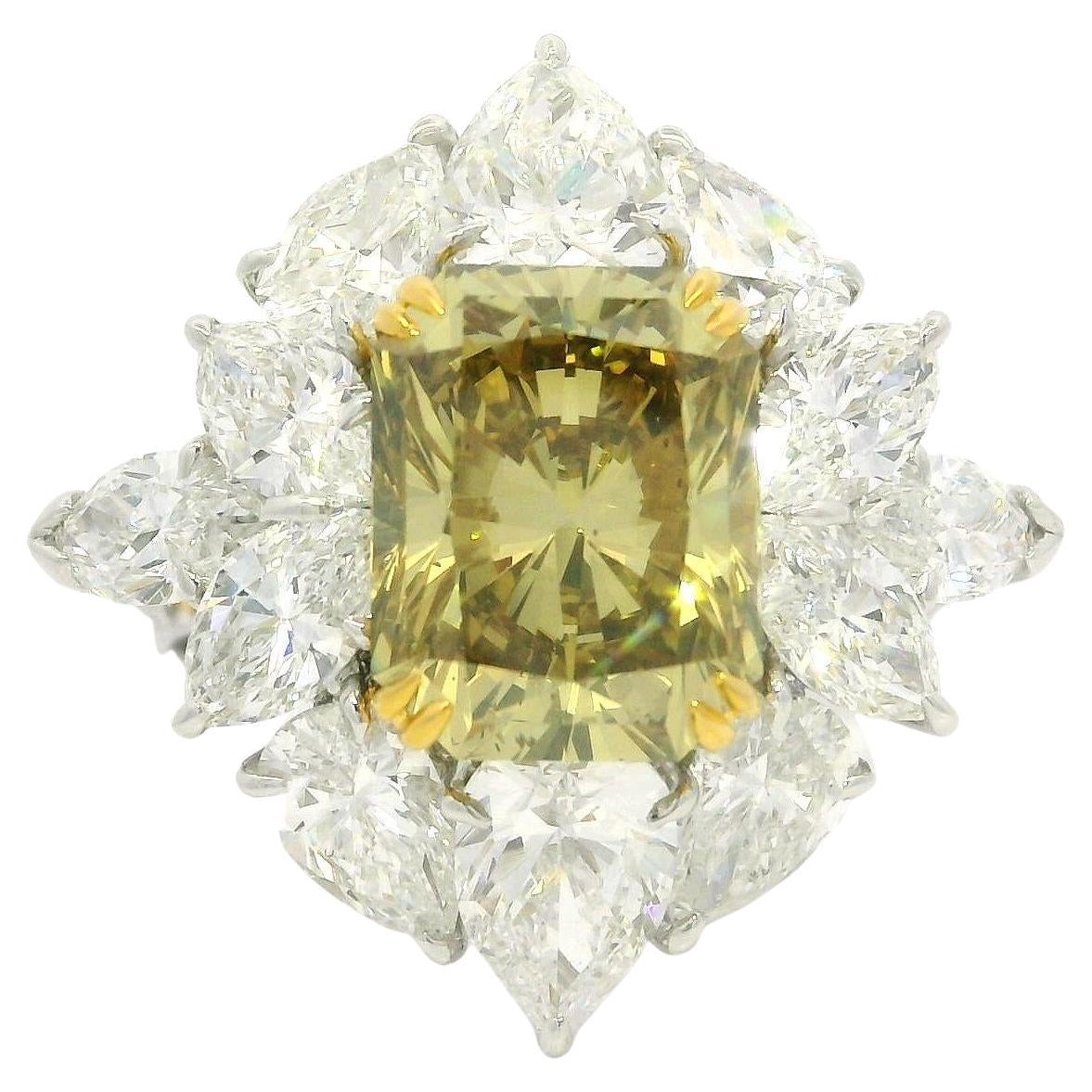 Platinum & Gold GIA 7.24ctw Brownish Green Yellow Diamond Cluster Statement Ring For Sale