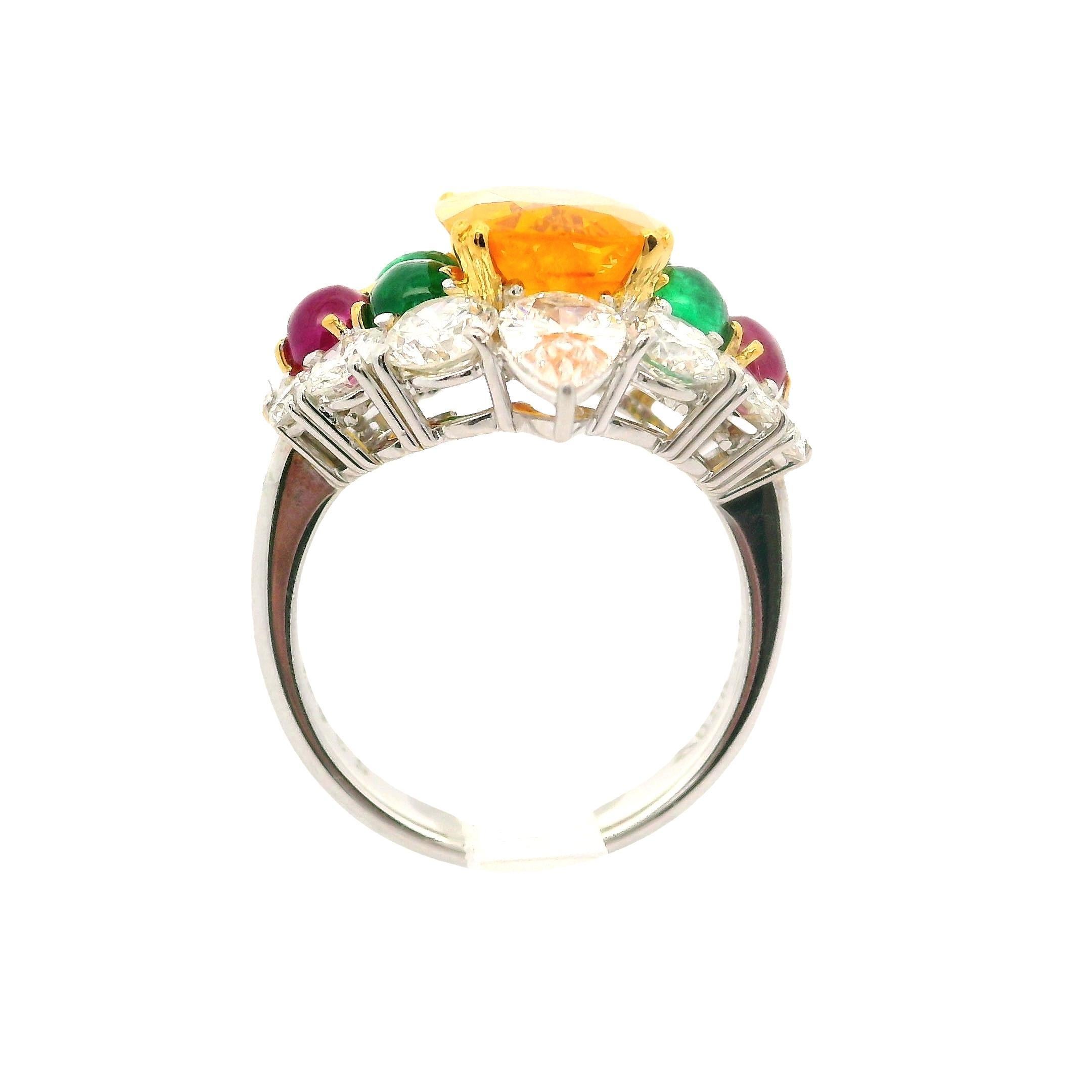 Platinum & Gold GIA 9.91ctw Orange Sapphire Ruby Emerald Diamond Cocktail Ring For Sale 5