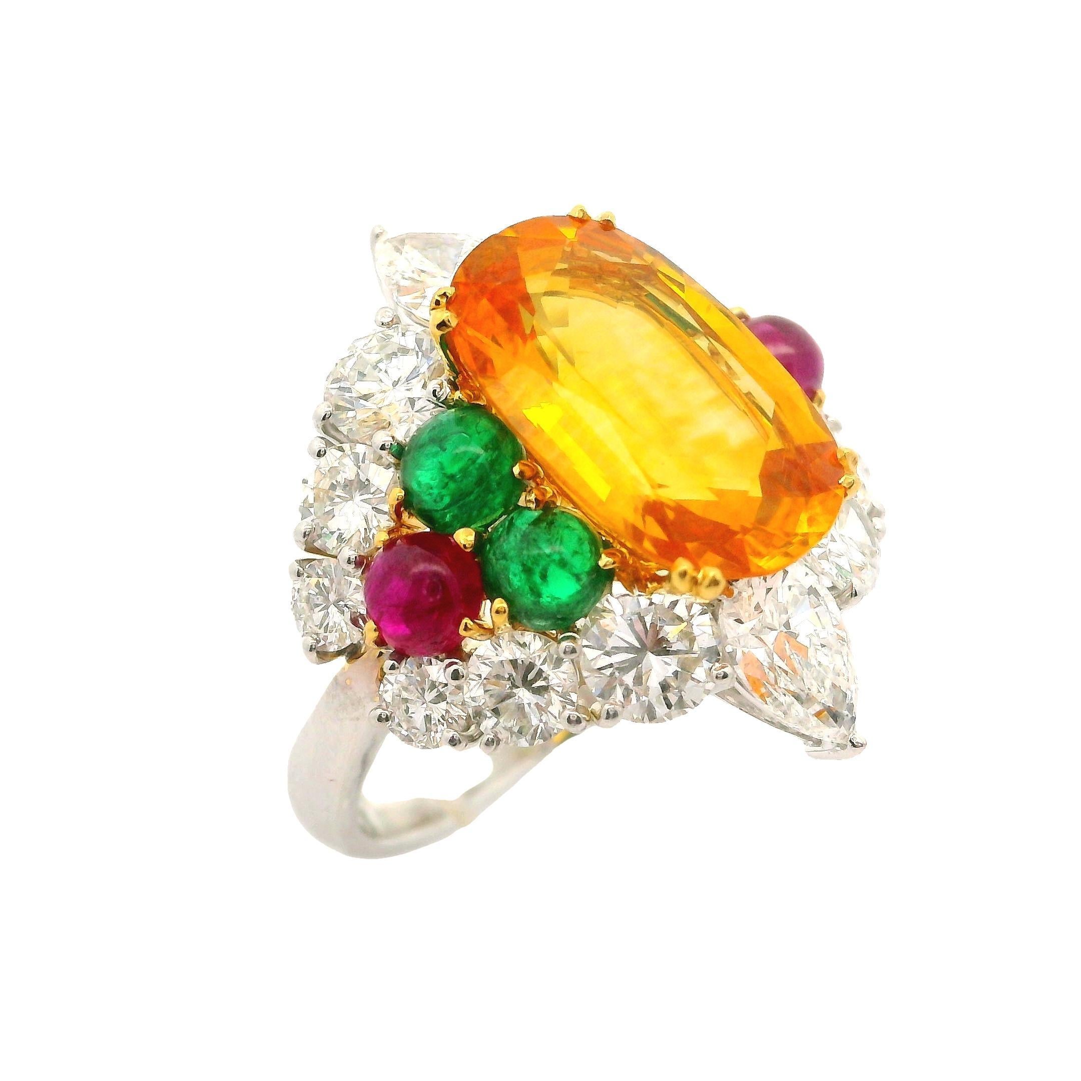 Platinum & Gold GIA 9.91ctw Orange Sapphire Ruby Emerald Diamond Cocktail Ring For Sale 6