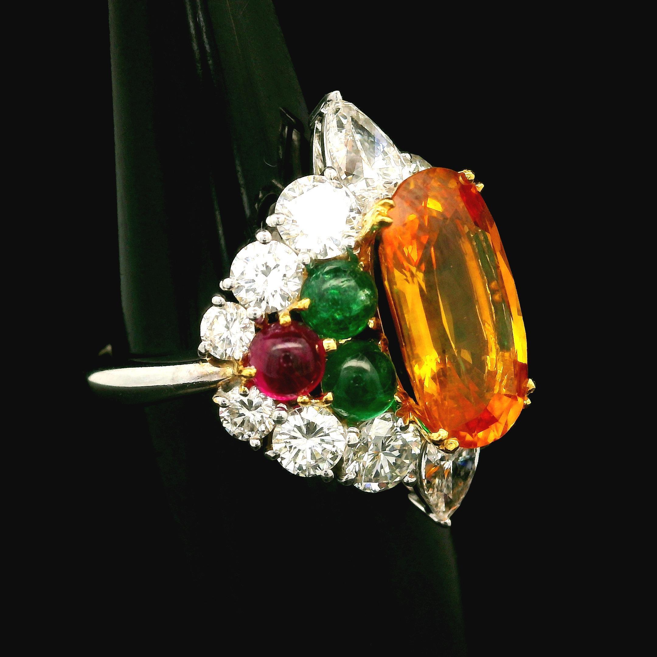 --Stone(s):--
(1) Natural Genuine Sapphire - Elongated Oval Cut - Dual Prong Set - Vivid Clean Orangy Yellow Color - 5.34ct (approx. based on the certification informations)
**See Certification Details Below** 
(4) Natural Genuine Emeralds- Round