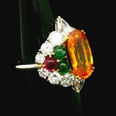 Platinum & Gold GIA 9.91ctw Orange Sapphire Ruby Emerald Diamond Cocktail Ring