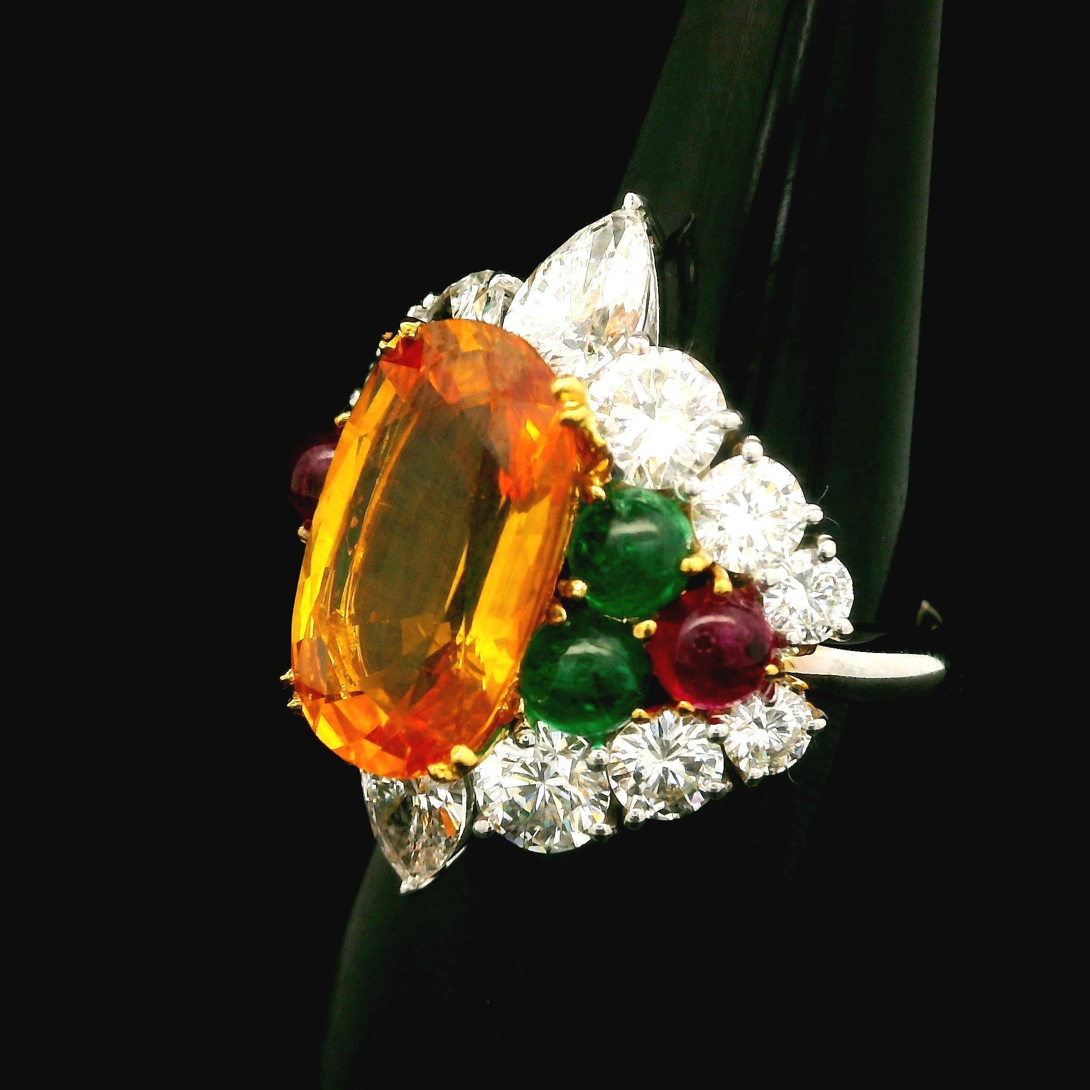 Oval Cut Platinum & Gold GIA 9.91ctw Orange Sapphire Ruby Emerald Diamond Cocktail Ring For Sale