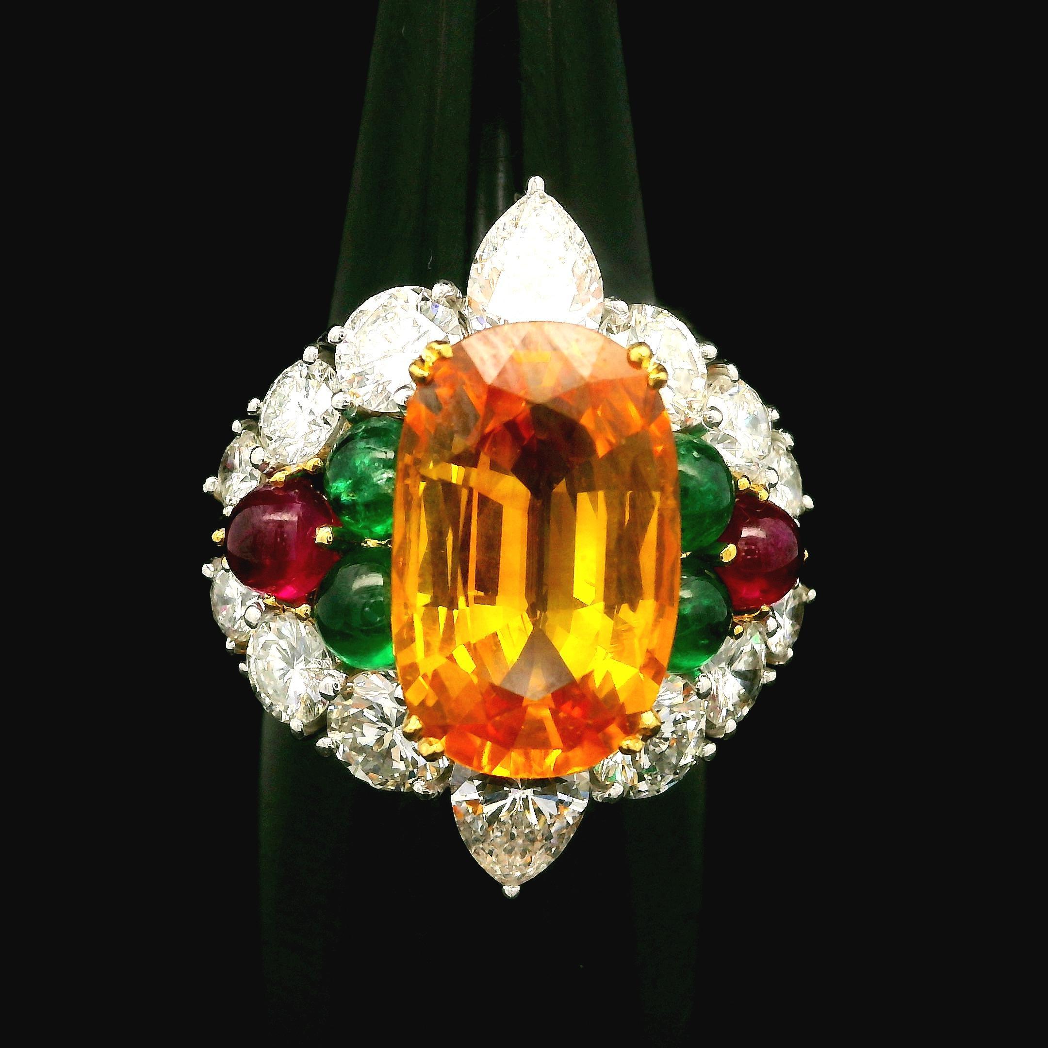 Platinum & Gold GIA 9.91ctw Orange Sapphire Ruby Emerald Diamond Cocktail Ring In Excellent Condition For Sale In Montclair, NJ