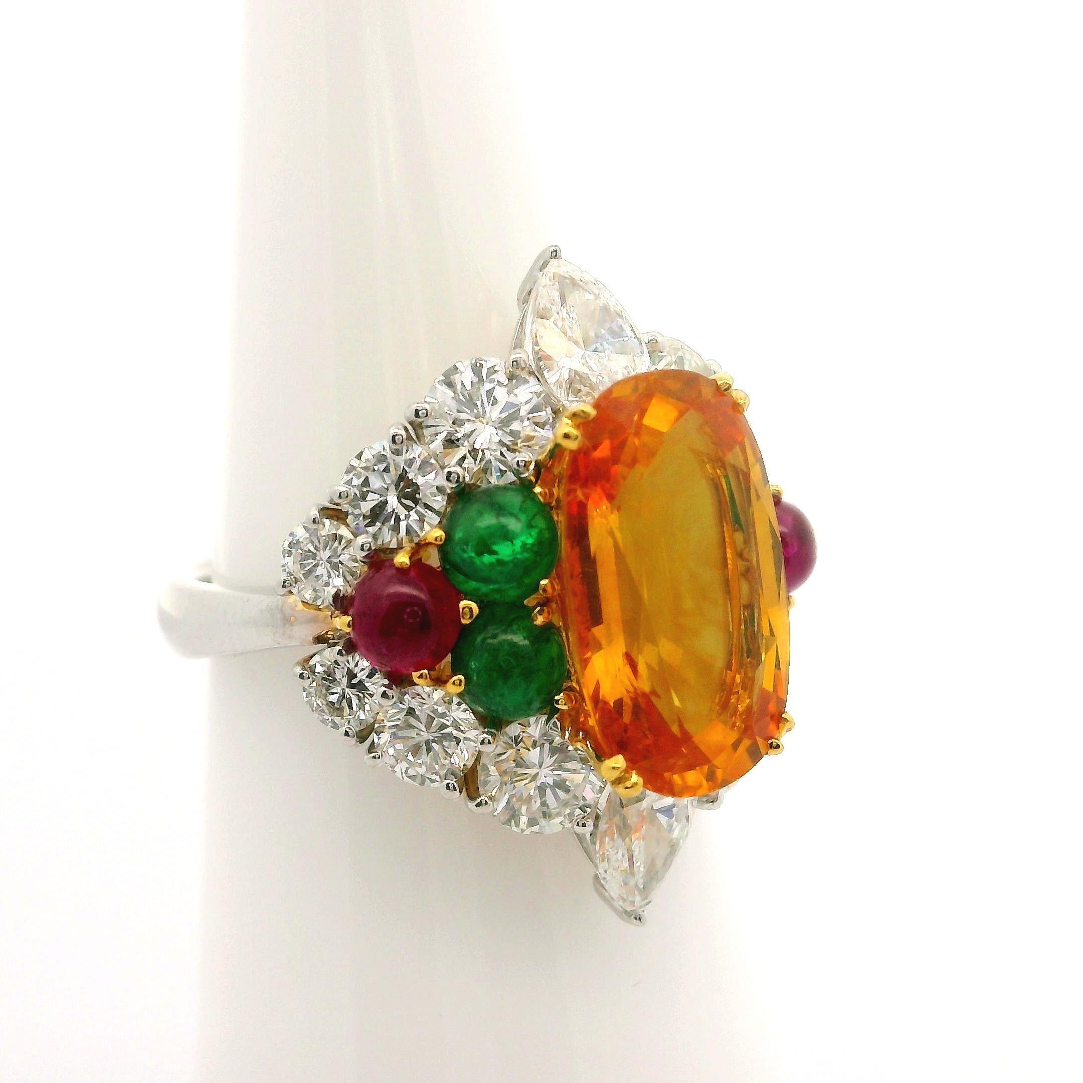Platinum & Gold GIA 9.91ctw Orange Sapphire Ruby Emerald Diamond Cocktail Ring For Sale 2