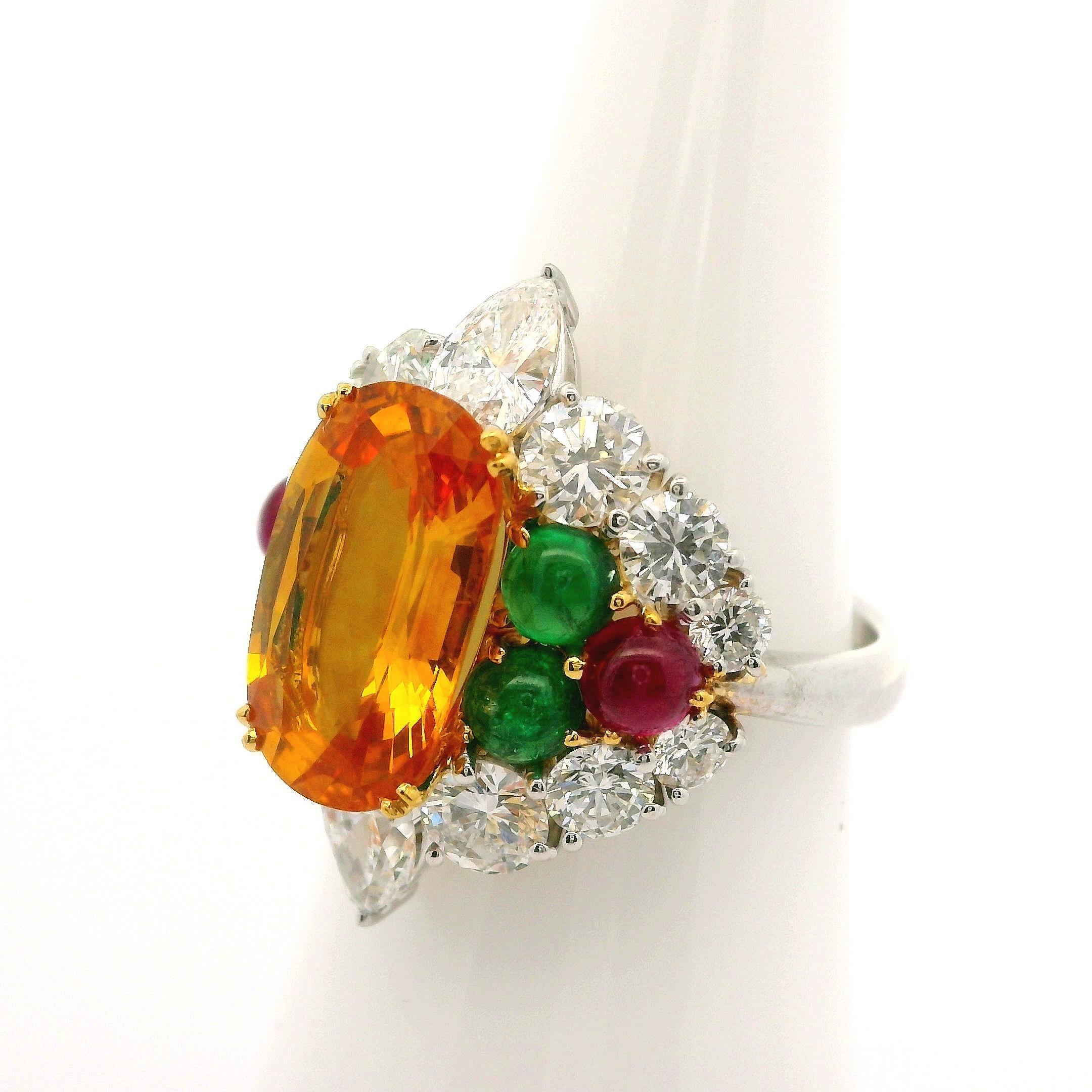 Platinum & Gold GIA 9.91ctw Orange Sapphire Ruby Emerald Diamond Cocktail Ring For Sale 3