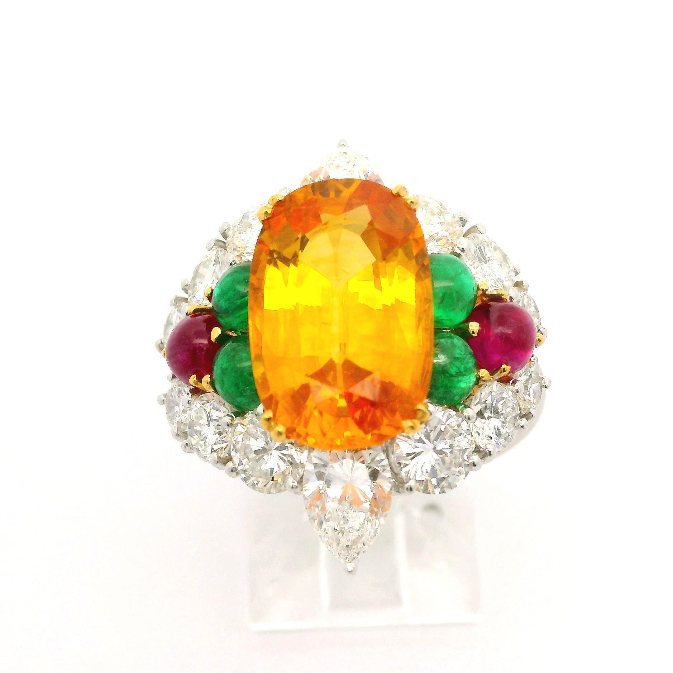 Platinum & Gold GIA 9.91ctw Orange Sapphire Ruby Emerald Diamond Cocktail Ring For Sale 4
