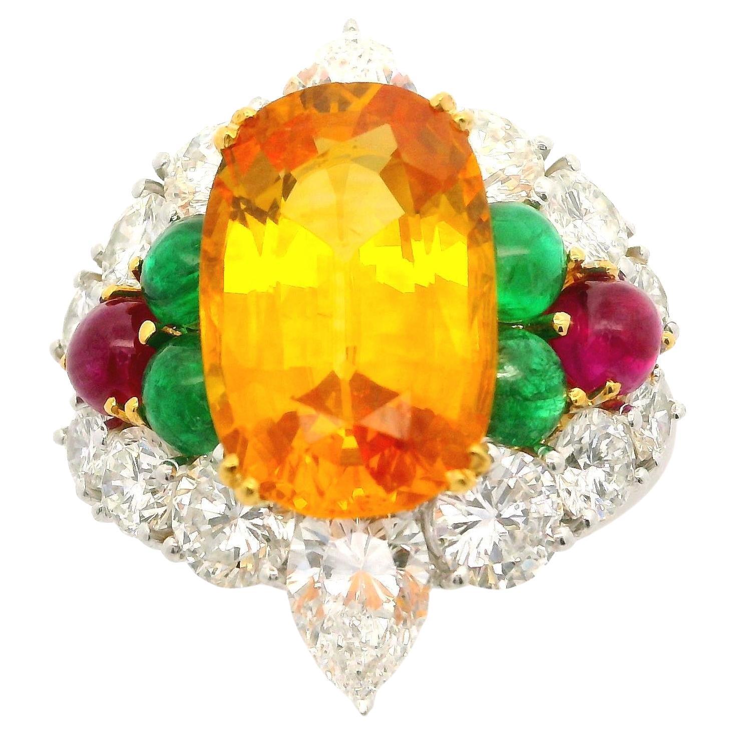 Platinum & Gold GIA 9.91ctw Orange Sapphire Ruby Emerald Diamond Cocktail Ring For Sale