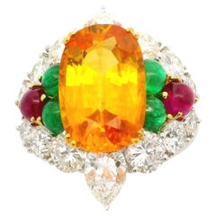 Platinum & Gold GIA 9.91ctw Orange Sapphire Ruby Emerald Diamond Cocktail Ring