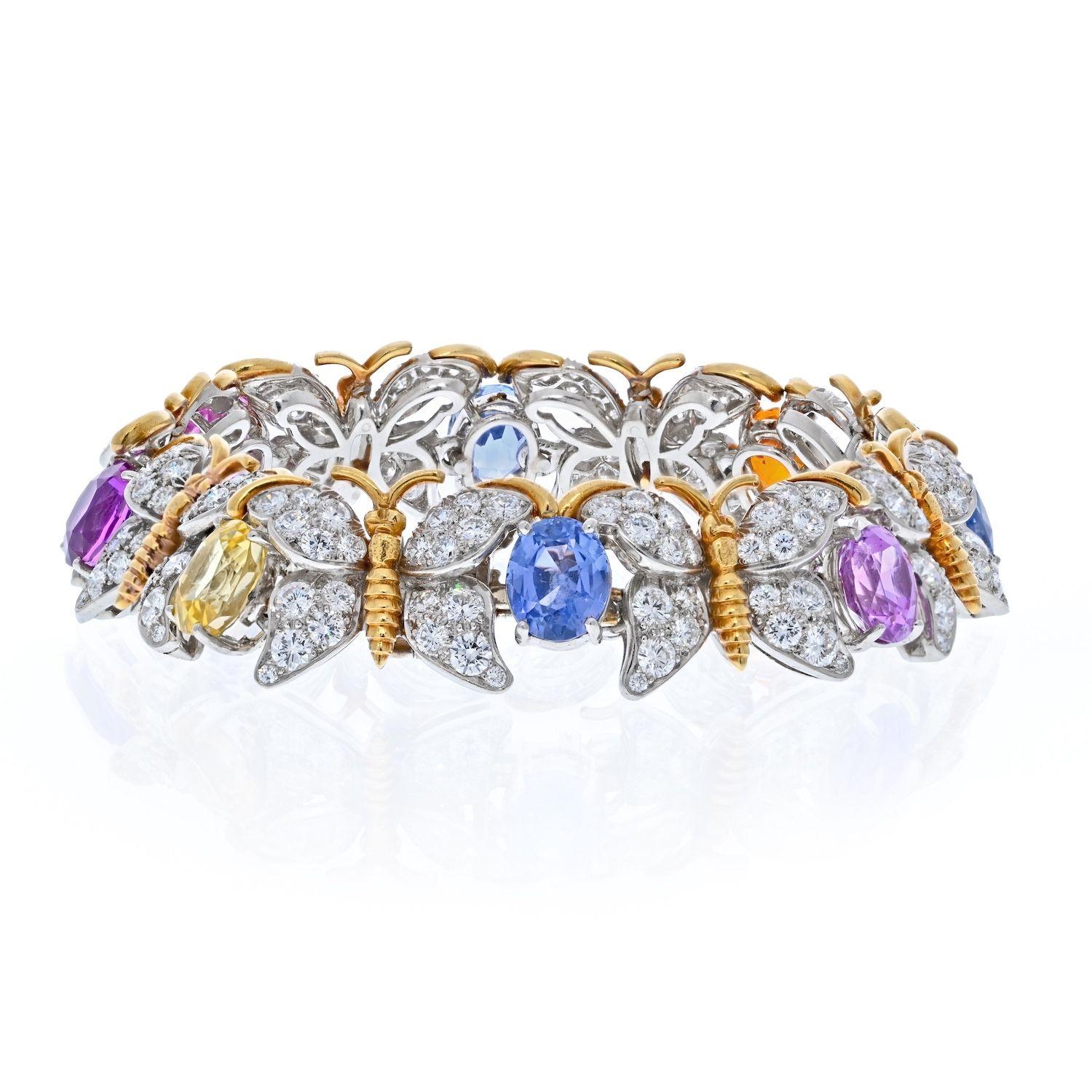 Jean Schlumberger Platinum & Gold Butterfly Motif Diamond and Gemstone Bracelet.

A sophisticated butterfly motif defines this platinum and 18k gold design that shines with dazzling gems and diamonds. From the extraordinary collection of Tiffany's