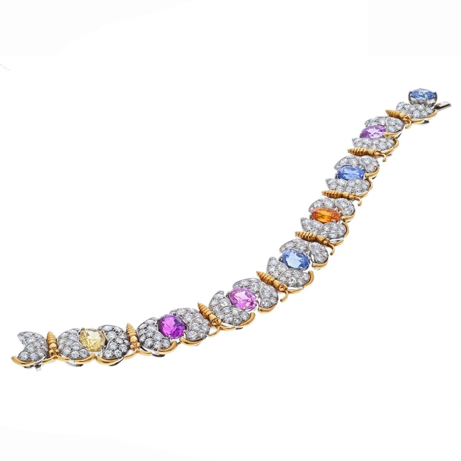 Modern Jean Schlumberger Platinum & Gold Butterfly Motif Diamond and Gemstone Bracelet For Sale